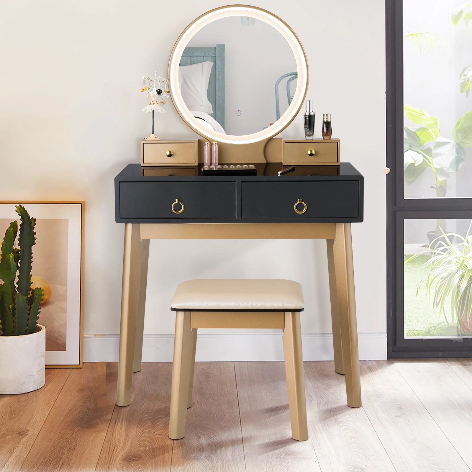 2 Costway 2-in-1 Computer Dressing Table Vanity Set w/Adjustable LEDs & Jewelry Storage, 2 of 3