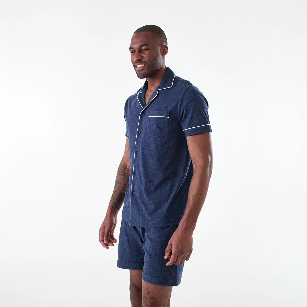 2 Short Sleeve Button Through Knit Pyjama Set NAVY MARLE, 2 of 8