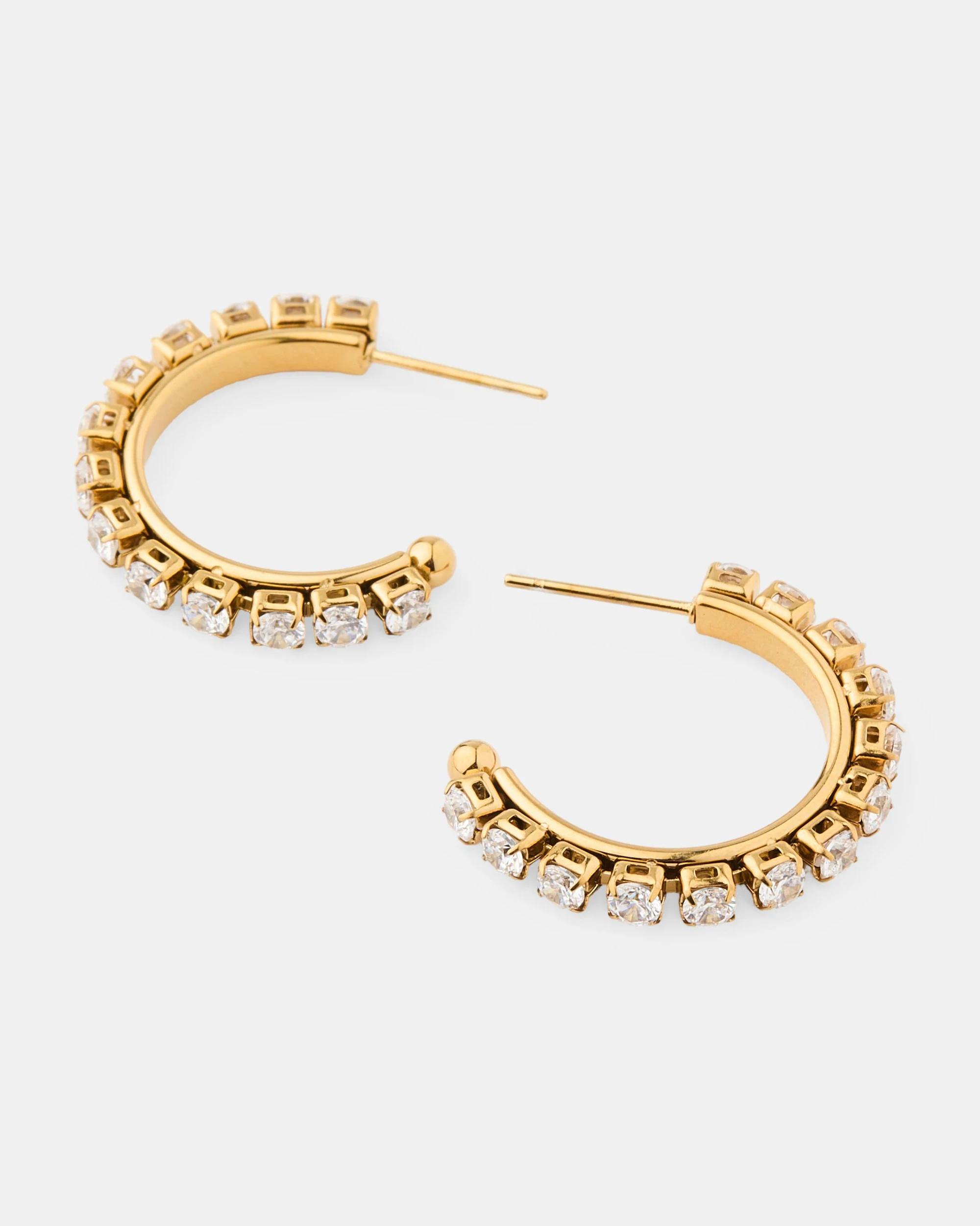1 Waterproof Stainless Steel Diamante Hoop Earrings - Gold Tone Gold, 1 of 5