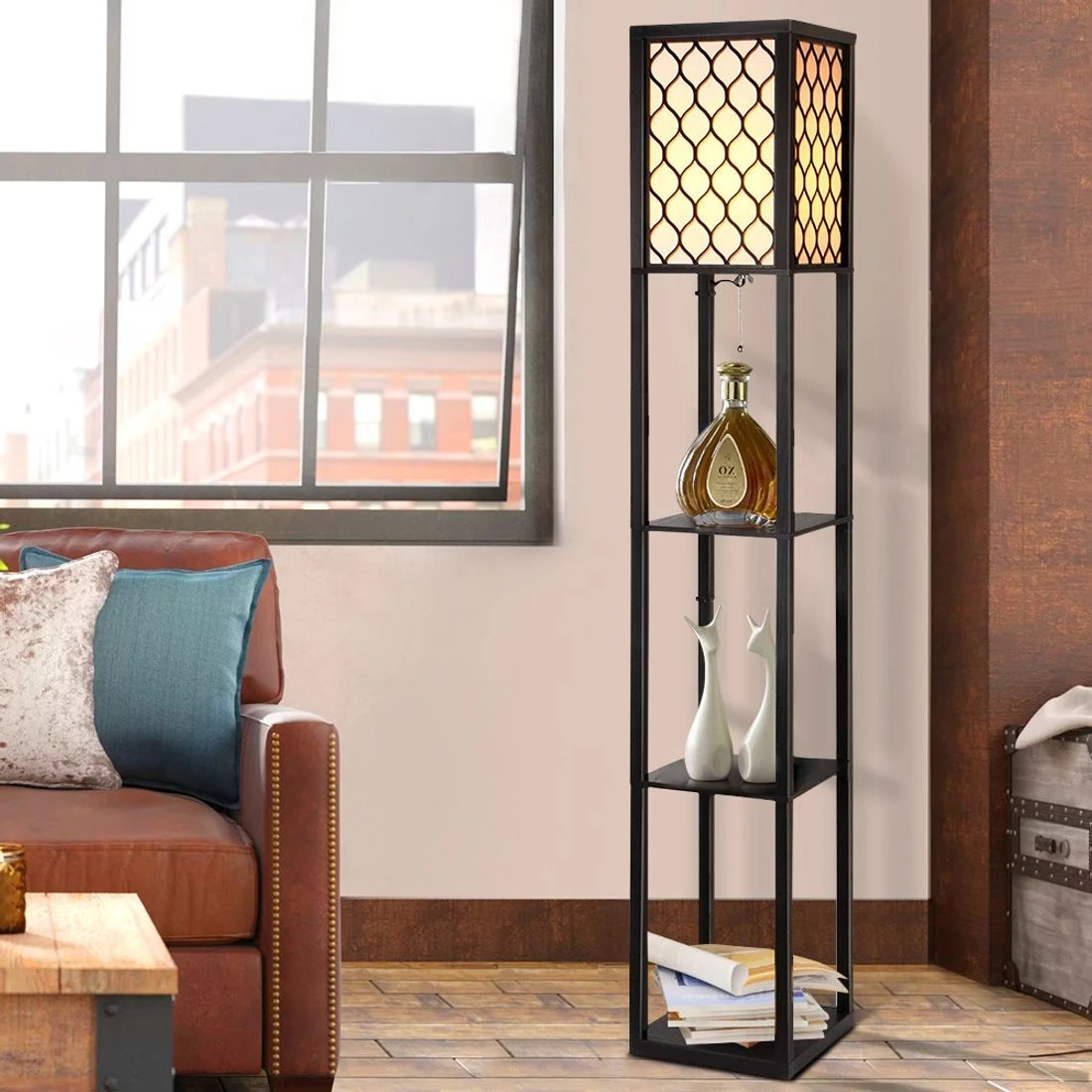 3 Artiss Floor Lamp 3 Tier Shelf Storage LED Light Stand Home Room Pattern - Black, 3 of 8