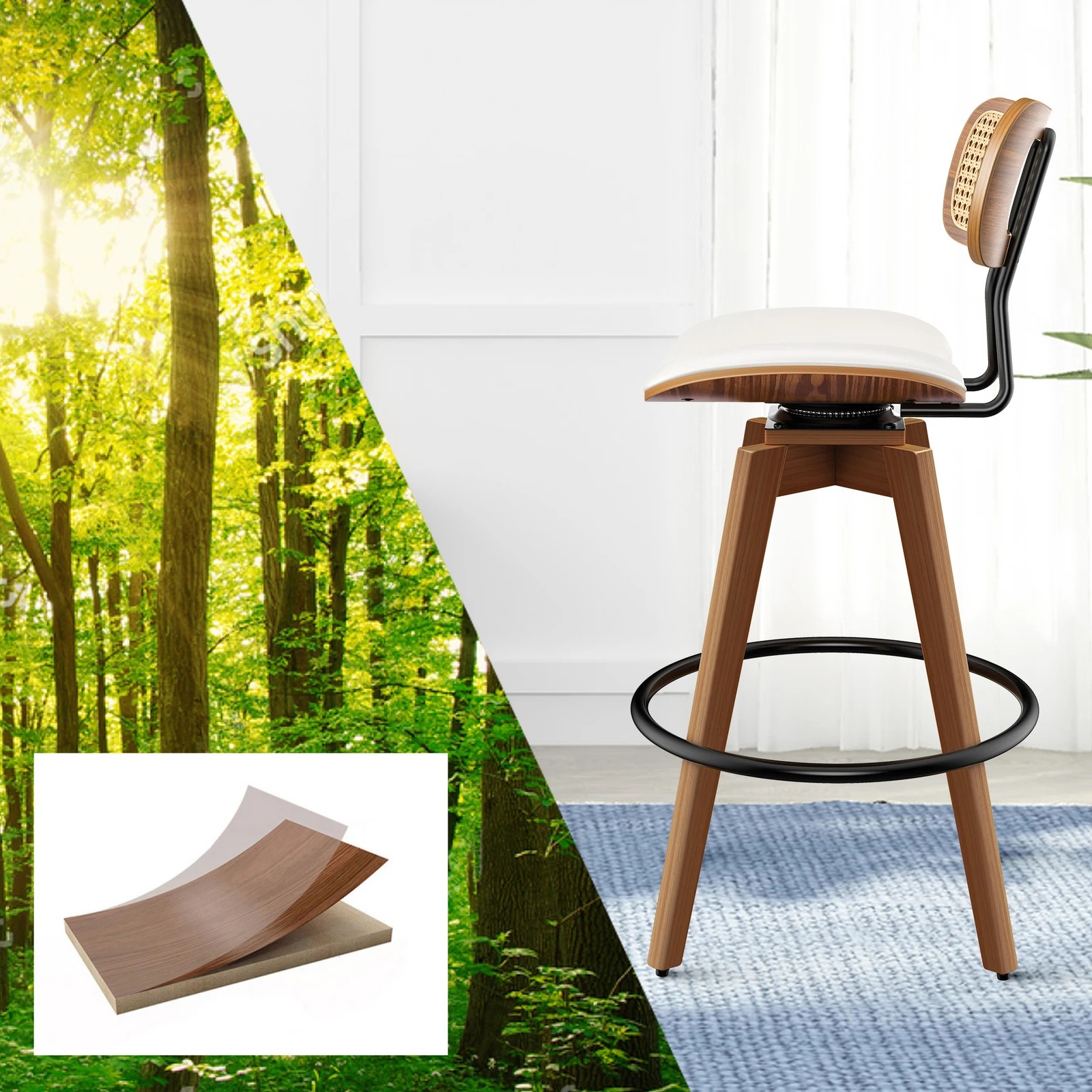 5 Alfordson 2x Bar Stools Kitchen Vintage Leather Seat Rattan Chair - White, 5 of 9