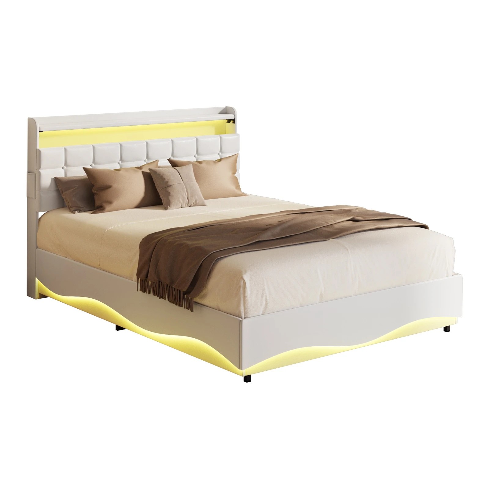 1 Oikiture Bed Frame Queen Size Gas Lift Base RGB LED Storage Headboard USB Charge - White, 1 of 6