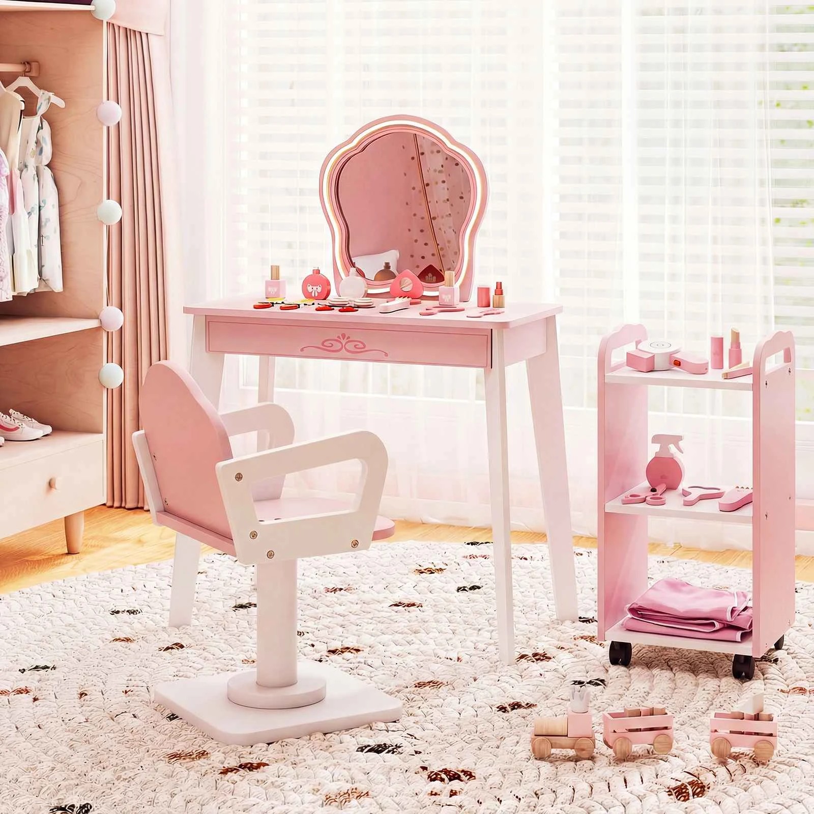 2 Costway Makeup Vanity Set Hair Salon Station Table Chair Set - Pink, 2 of 2