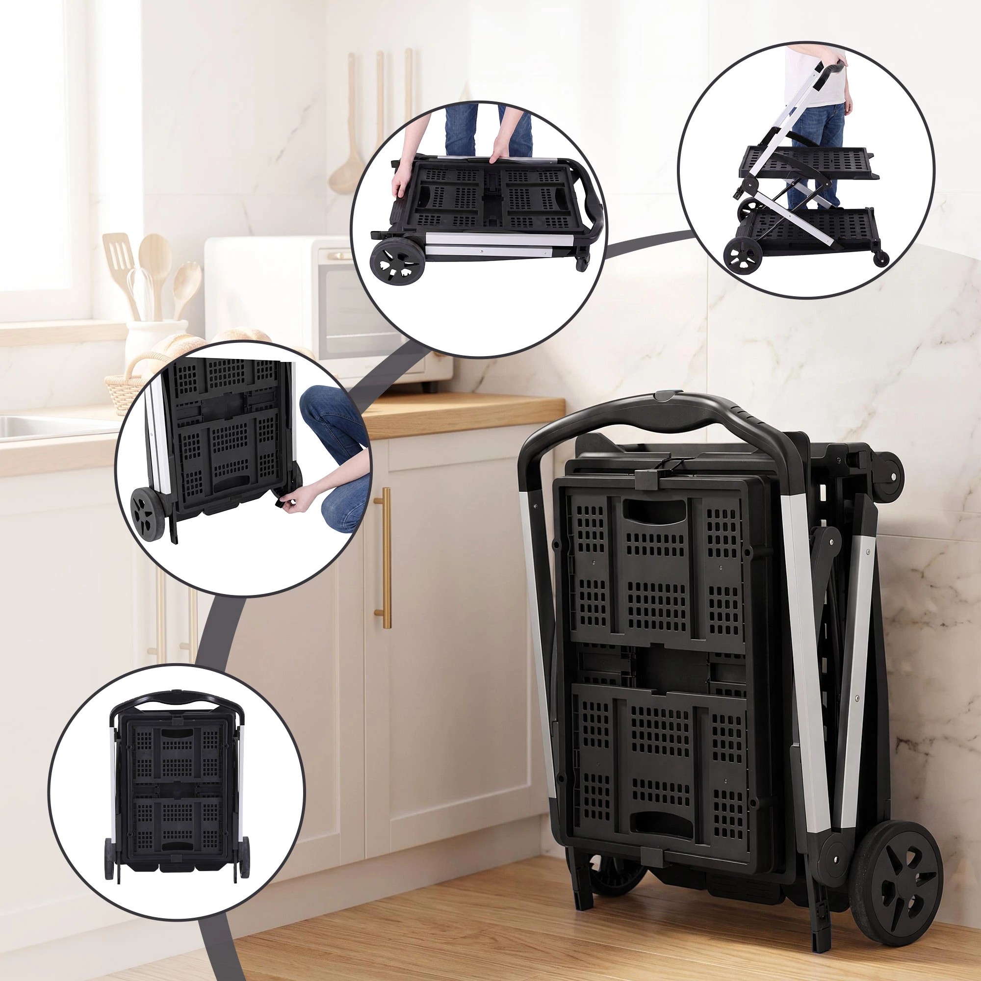 5 Artiss Shopping Trolley with Wheel 2 Layer w/2 Crates Foldable Trolley Cart for Grocery 90kg Weight Capacity - Multi, 5 of 10