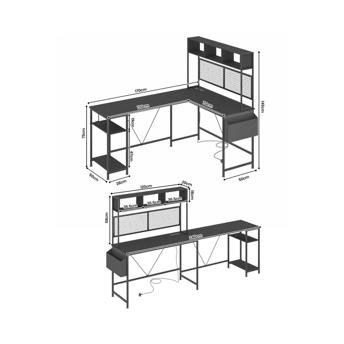 2 Advwin 170cm L Shaped Gaming Desk With Led Lights & Power Outlets Reversible Storage Shelf Computer Corner Desk Black, 2 of 10