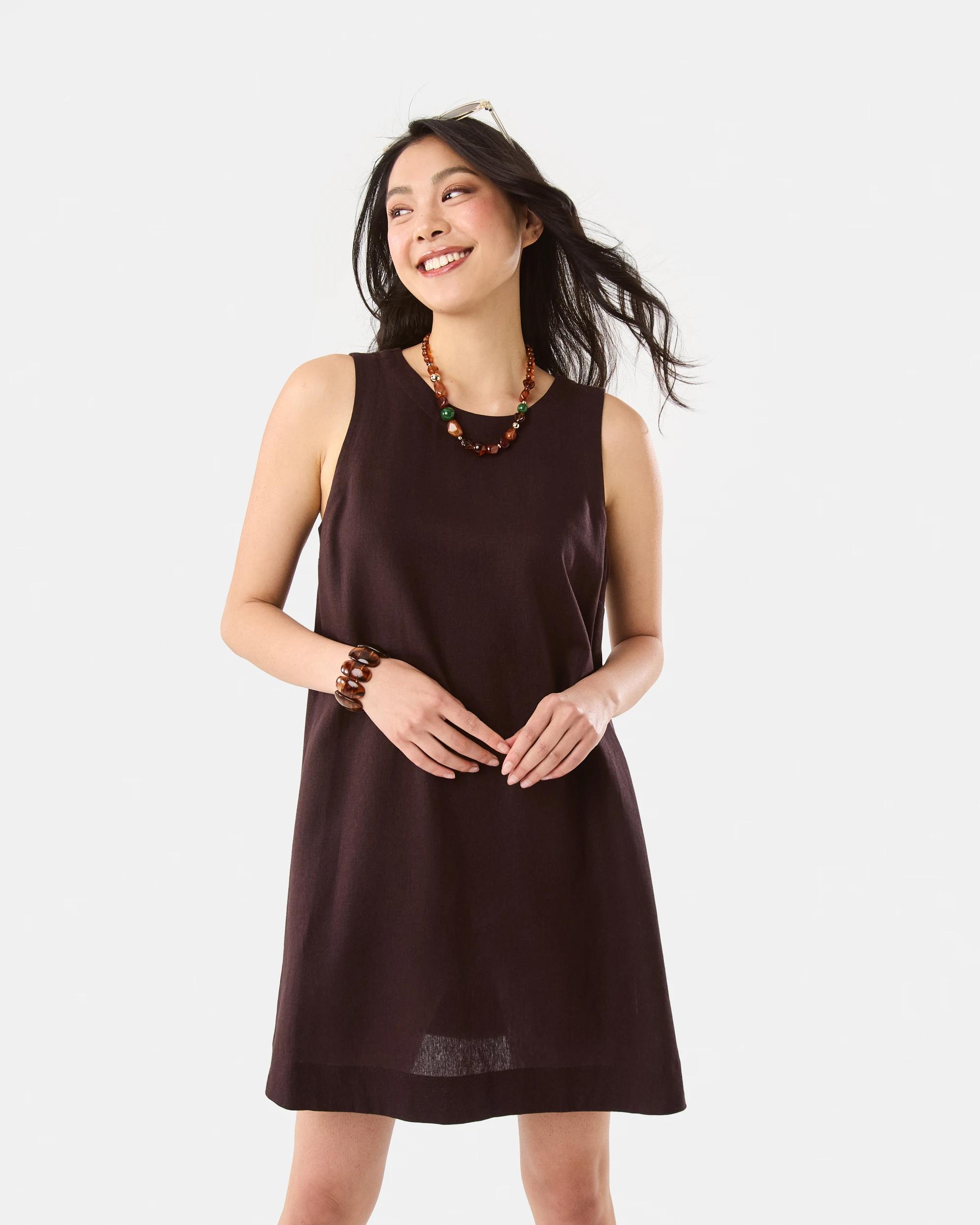 1 Sleeveless Linen Blend Button Detail Mini Dress Choc Plum, 1 of 8