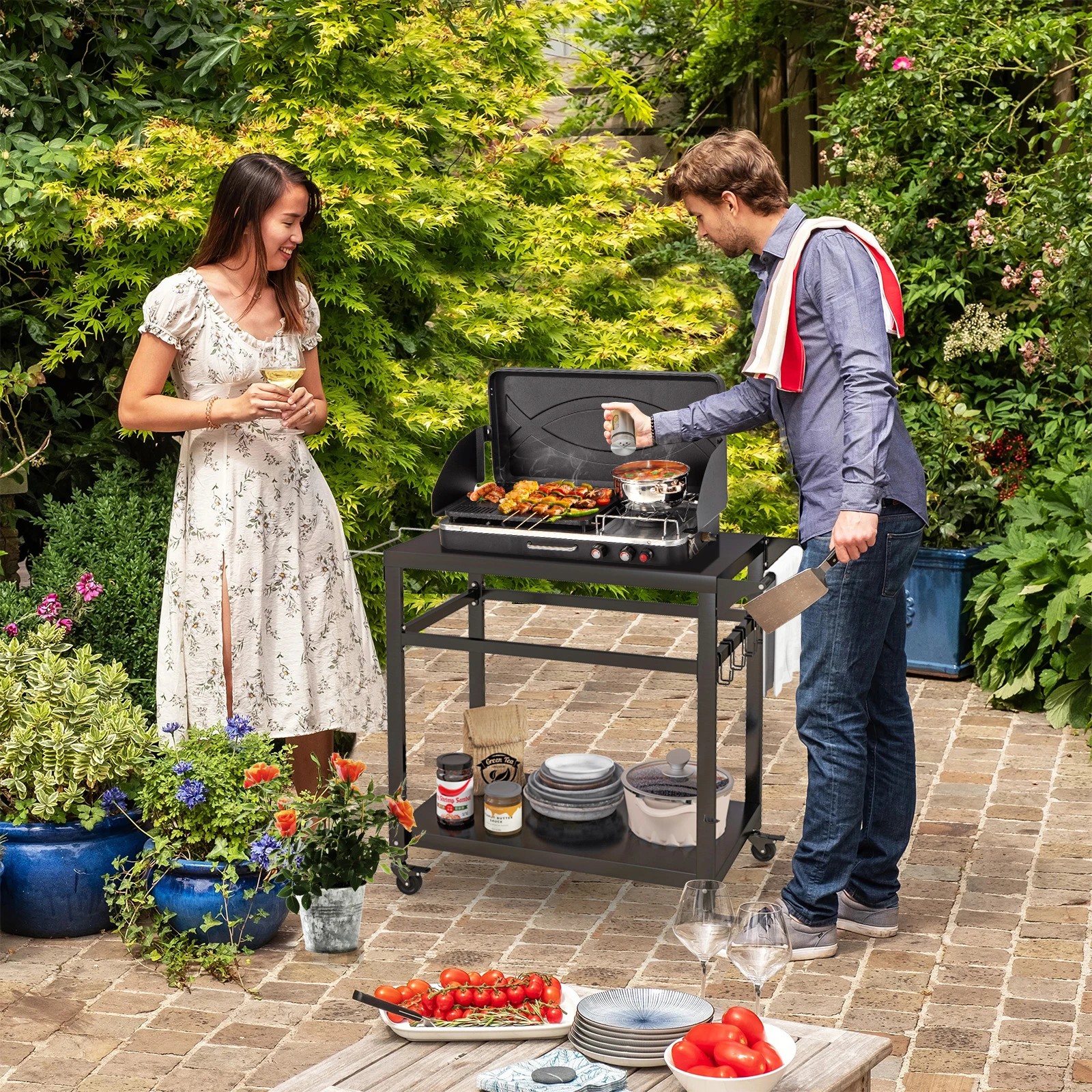2 Costway Kitchen Island Trolley 2-Shelf Movable BBQ Grill Cart - Black, 2 of 3