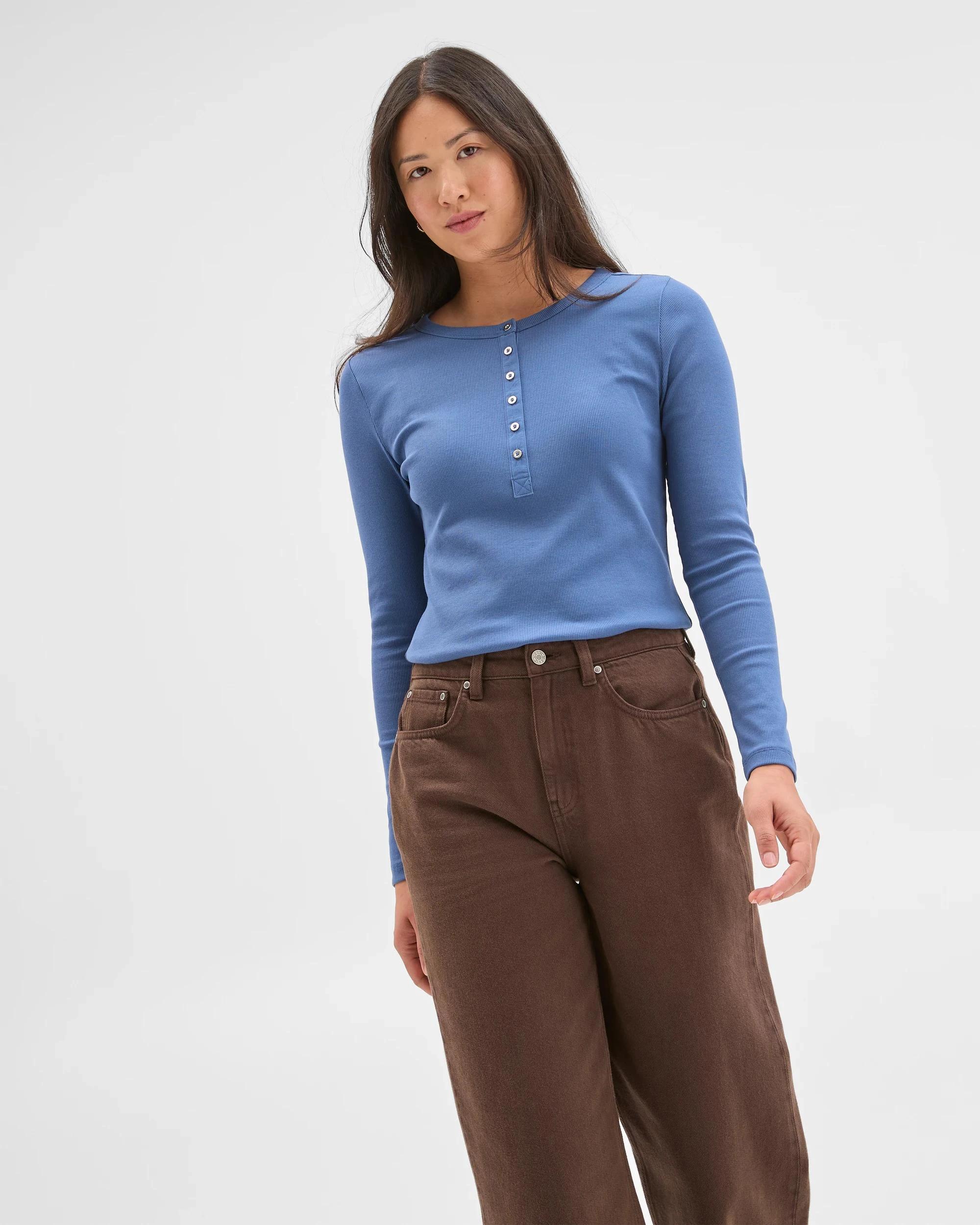 5 Target Woman Australian Cotton Long Sleeve Rib Henley T-Shirt BLUE JAY, 5 of 7