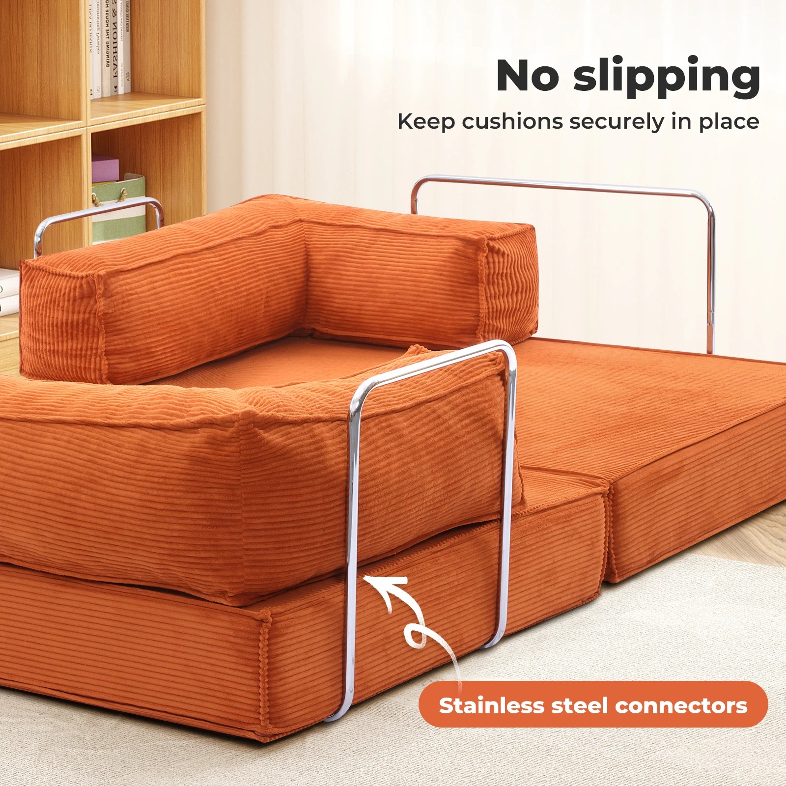 6 Levede 3 Seater150Cm Double Corduroy Sofa Bed In - Orange, 6 of 8