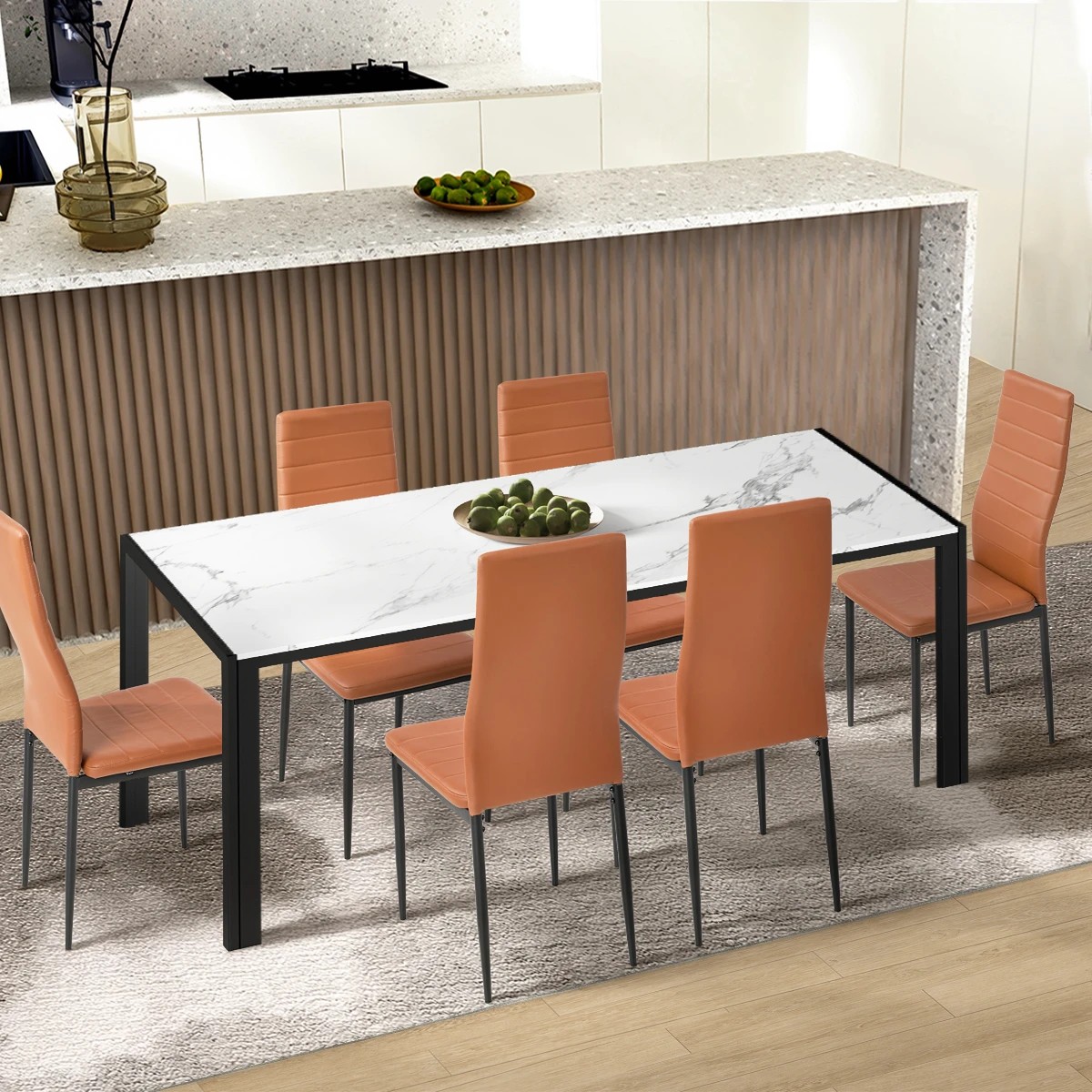 4 Oikiture 6PCS Dining Chairs High-Back Kitchen Chair Padded Faux Leather- Brown, 4 of 10