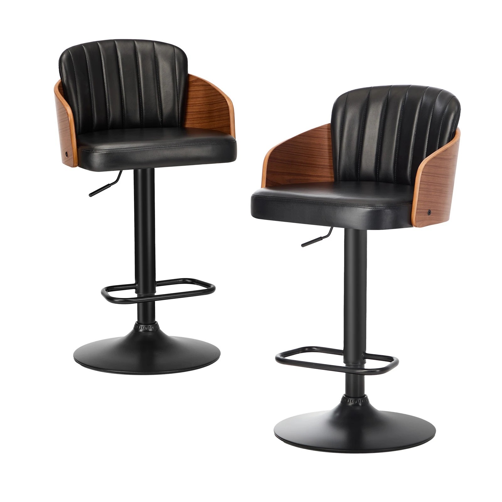 1 Oikiture 2x Bar Stools Adjustable Counter Height Stool Swivel Leather - Black, 1 of 9