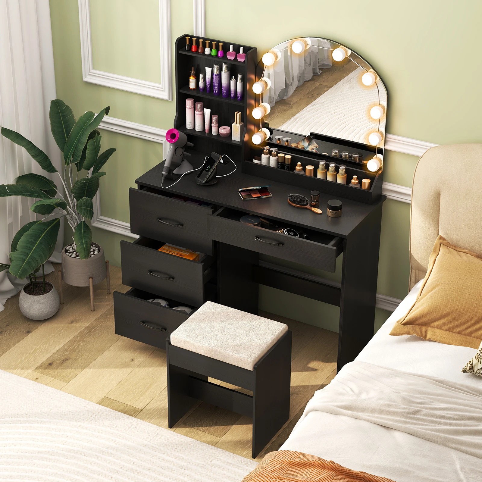 3 Costway 3-Color LED Dressing Table Stool Set w/Charging Station Makeup Vanity Desk Set, 3 of 4