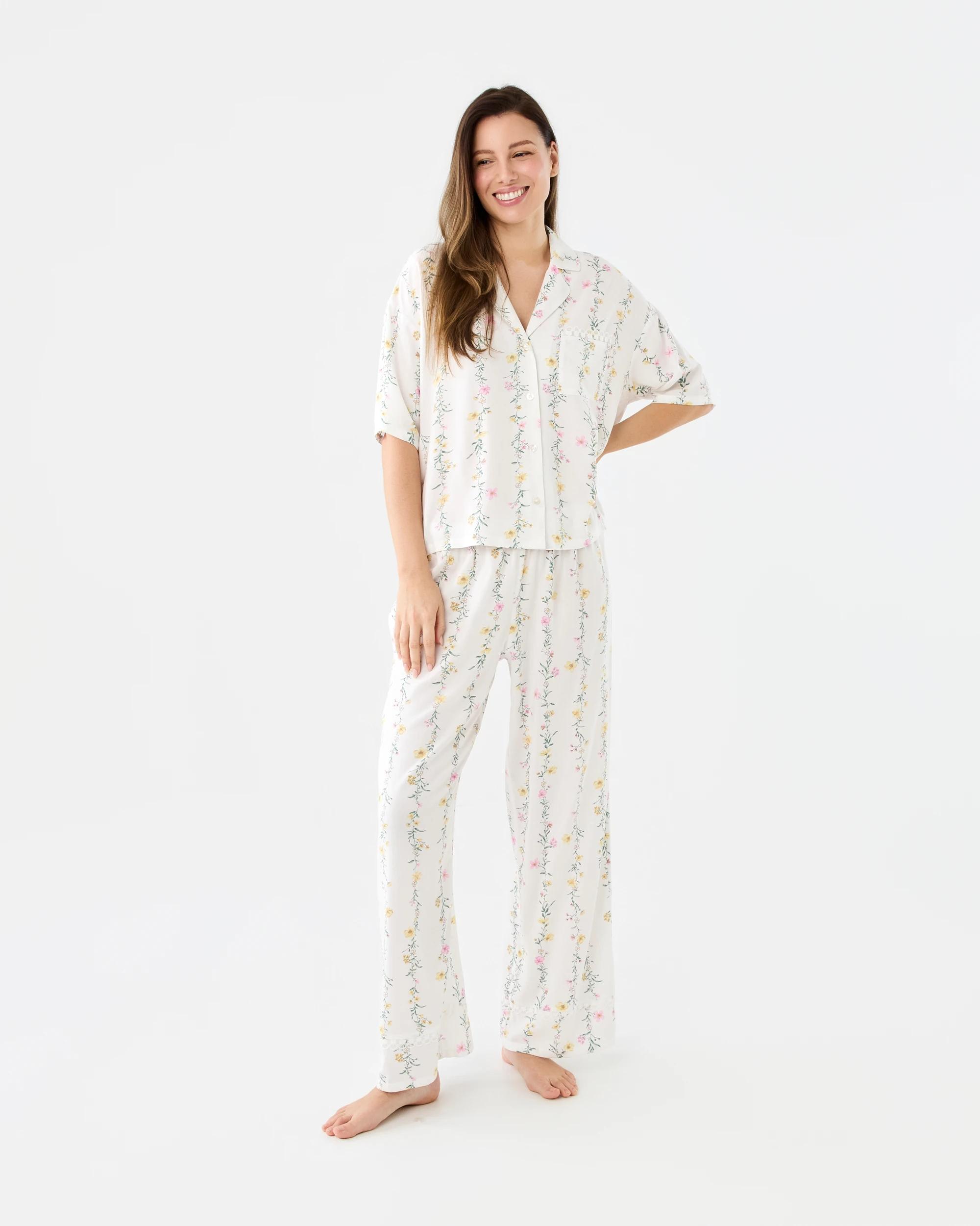 1 Viscose Lace Trim Short Sleeve Top and Pants Pyjama Set Frl Stripe, 1 of 6