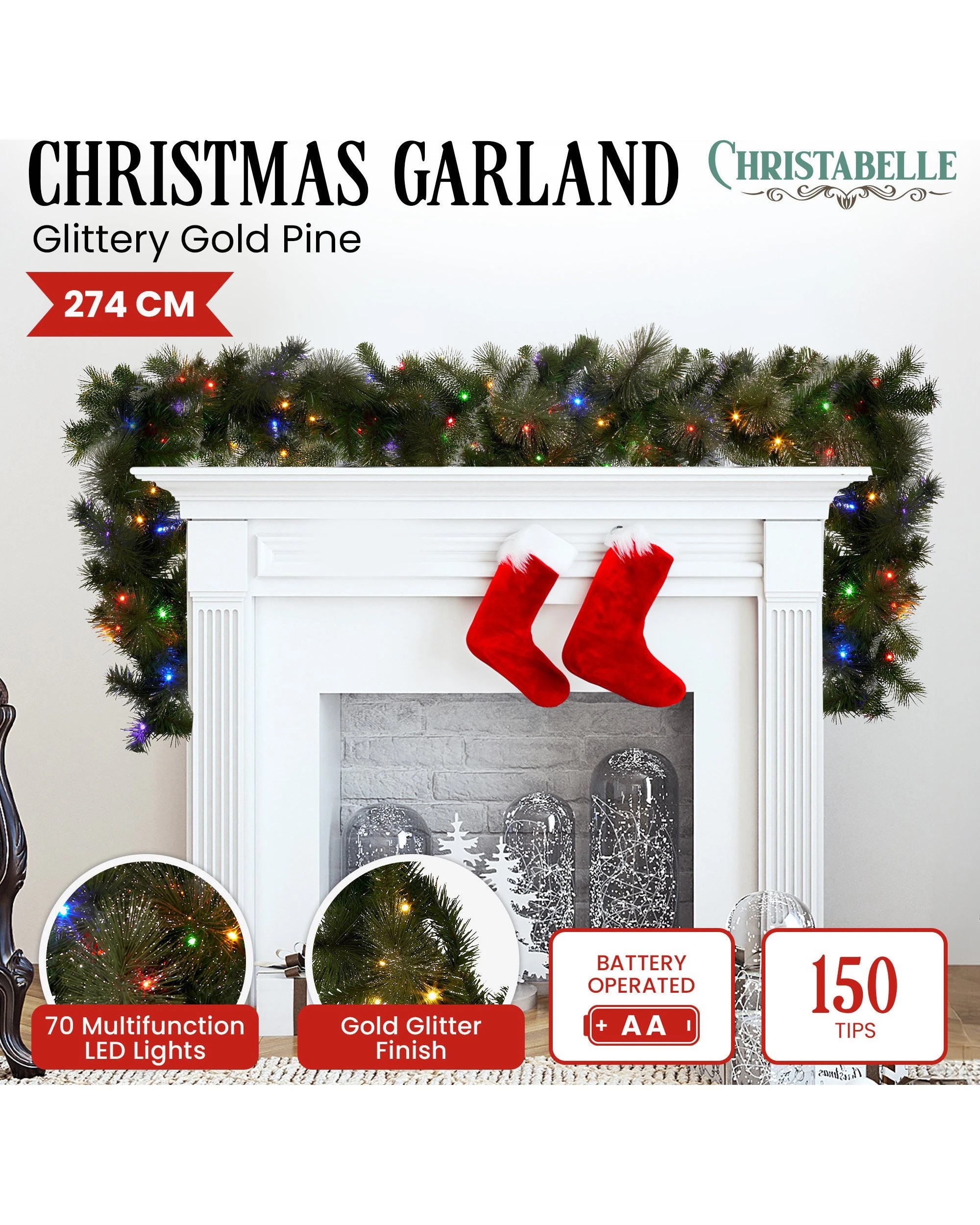 3 Christabelle 2.7m Christmas Garland With Led Lights Glittery Gold Pine Mantle Decoration Ornament, 3 of 7
