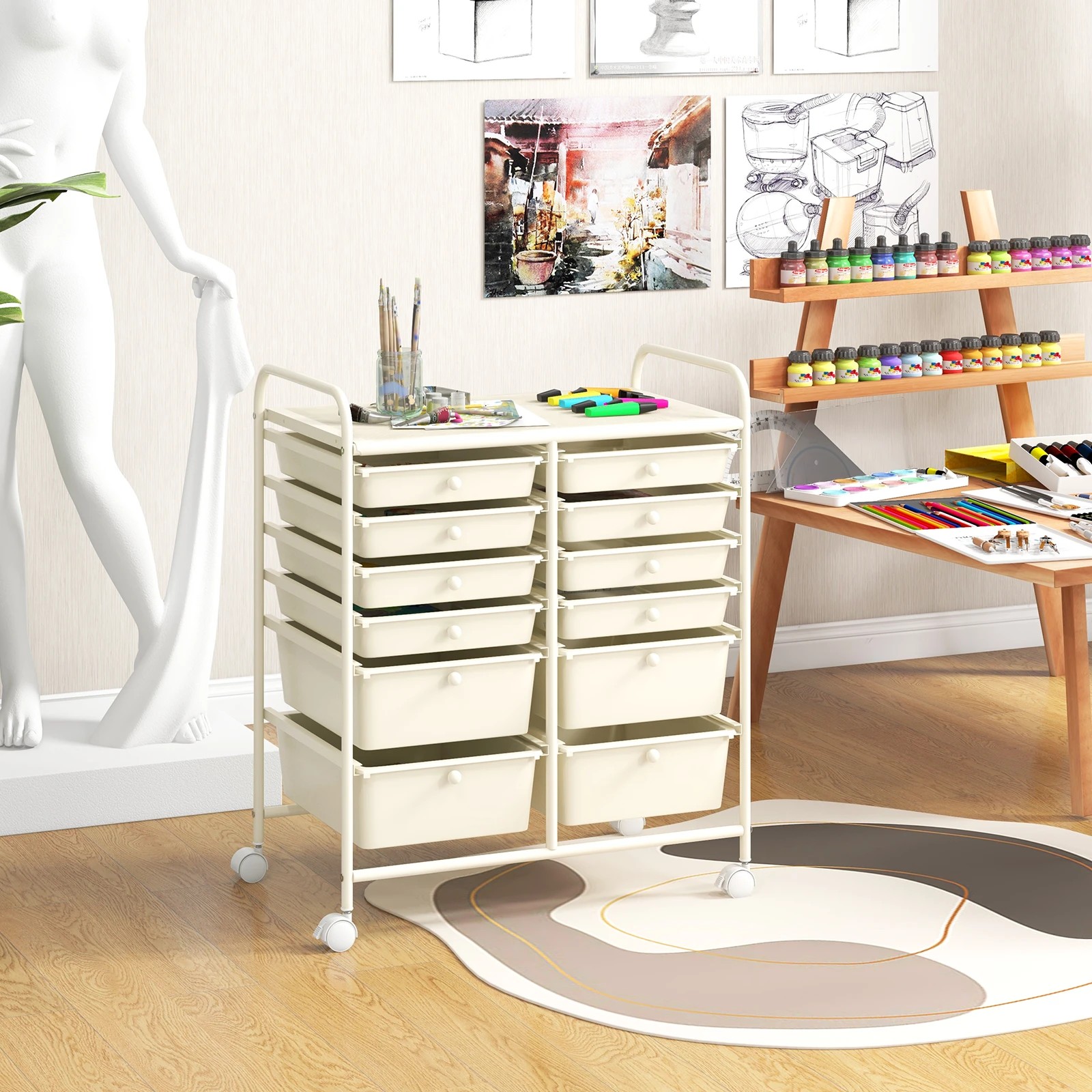 2 Costway 12 Drawers Rolling Storage Trolley Cart Filing Organizer - White, 2 of 4