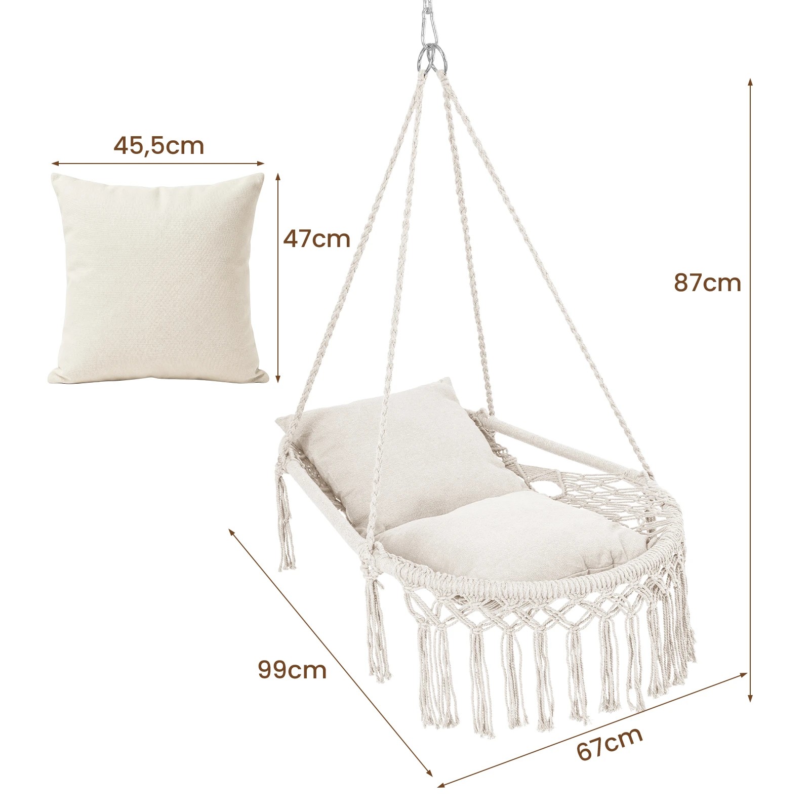 2 Costway Macrame Swing Chair Boho Rope Hanging Hammock Chair - Beige, 2 of 4