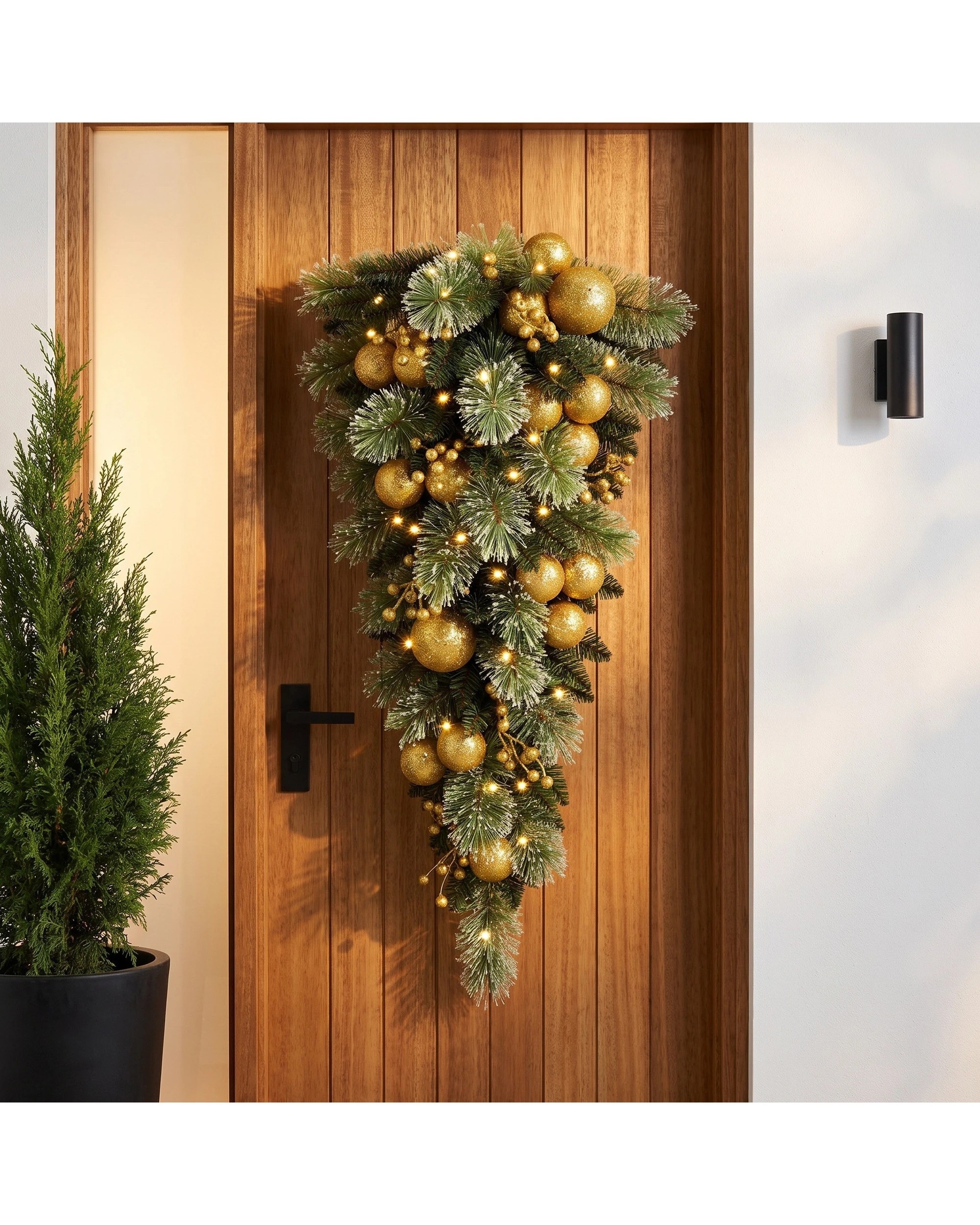 10 Christabelle 90cm Gold Christmas Teardrop Wreath Pre Lit Warm White LED Timer Baubles Berries Front Door Xmas Decoration, 10 of 10