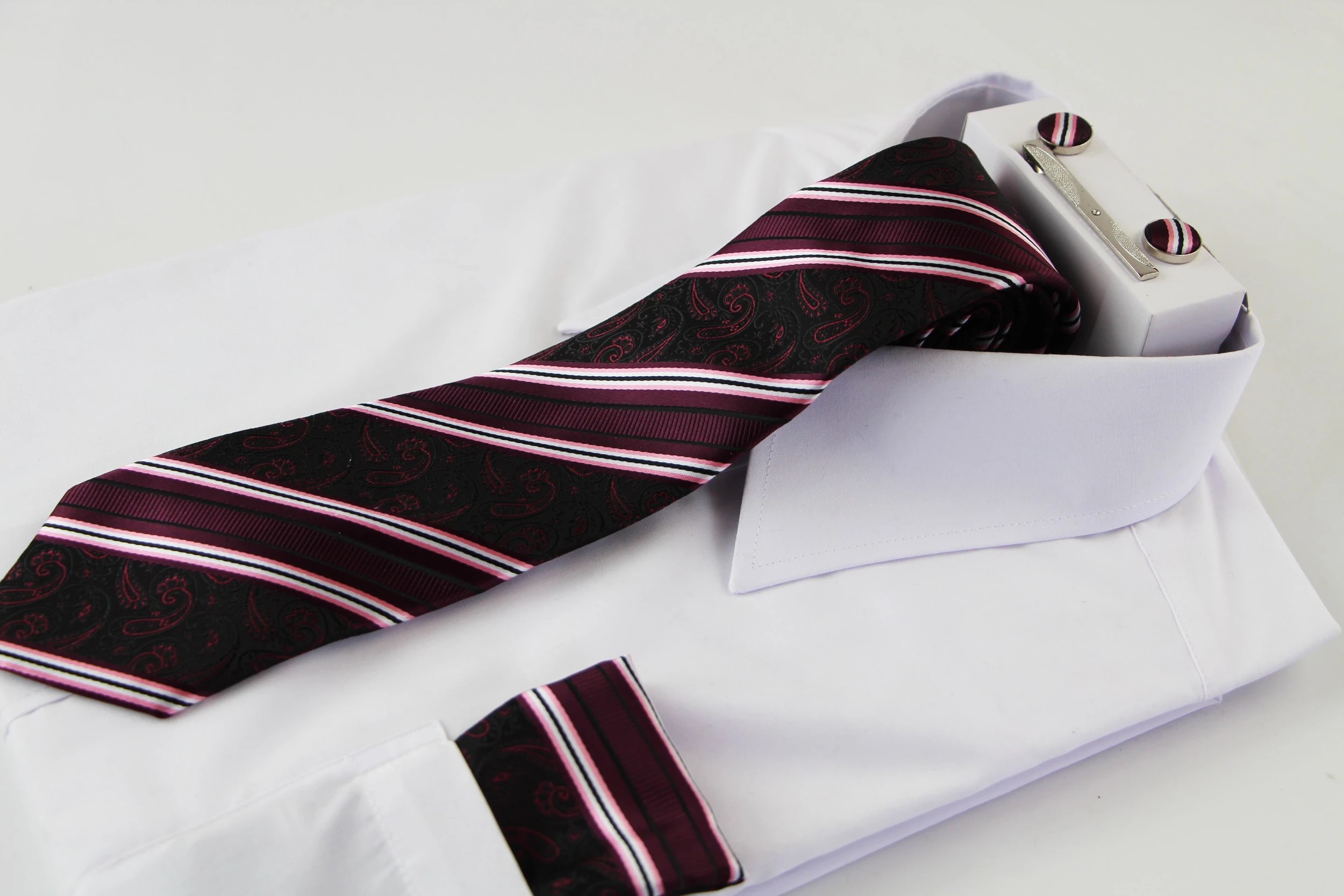 1 Zasel Mens Burgundy Boho Paisley Striped Matching Neck Tie, Pocket Square, Cuff Links And Tie Clip Set - Multi, 1 of 3