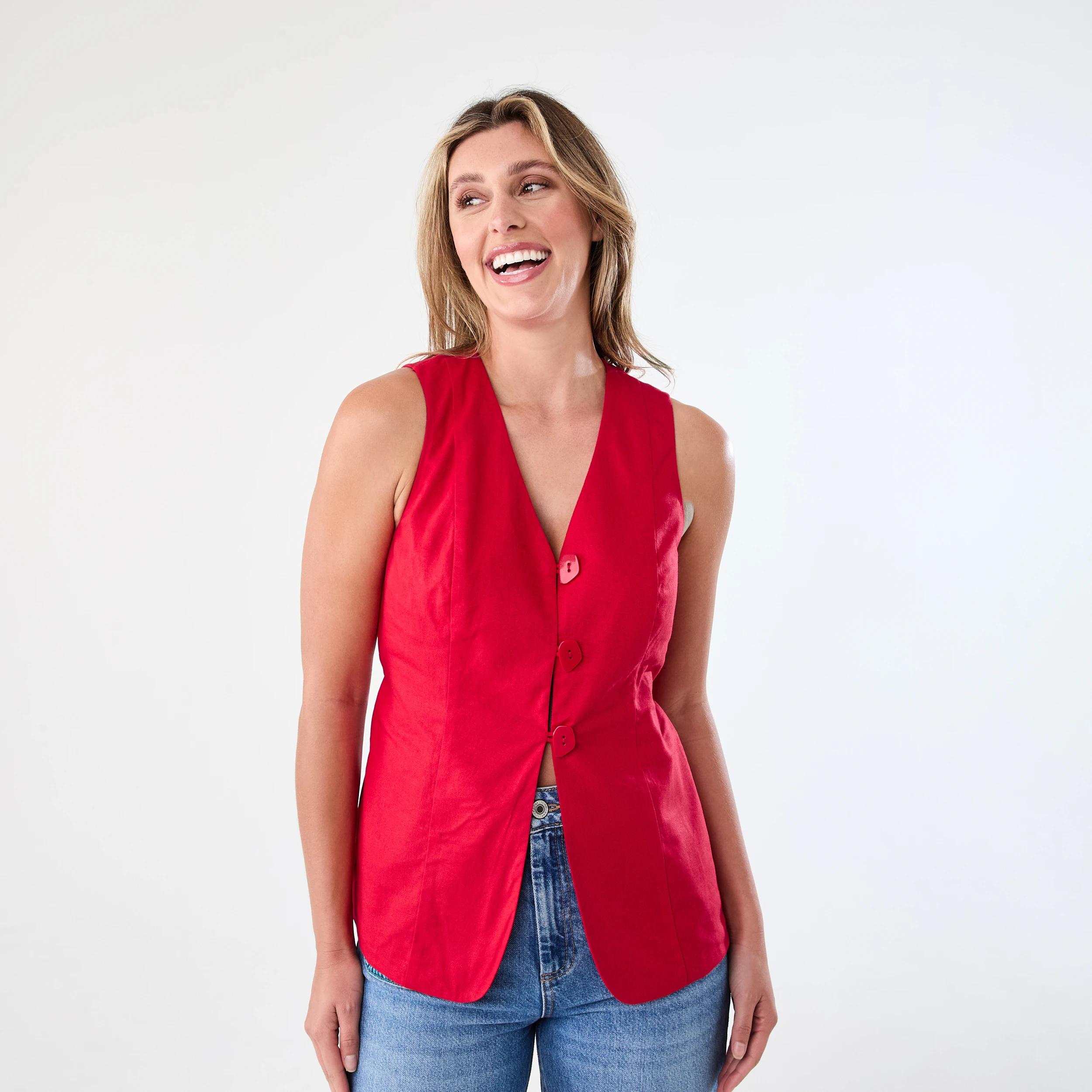 1 Sleeveless Longline Tie Back Waistcoat Strawberry, 1 of 7