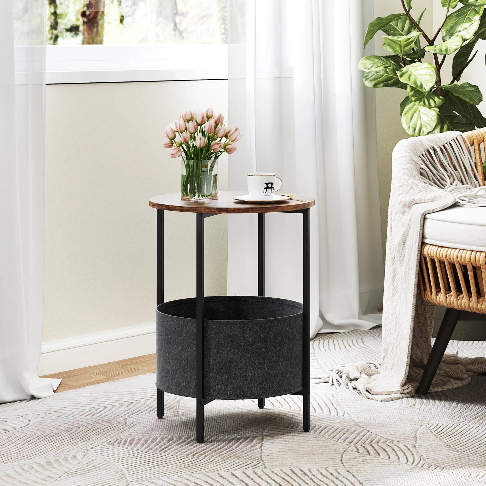 2 Costway 2-Tier Round Sofa Side End Table Accent Coffee Table w/Storage Basket, 2 of 4