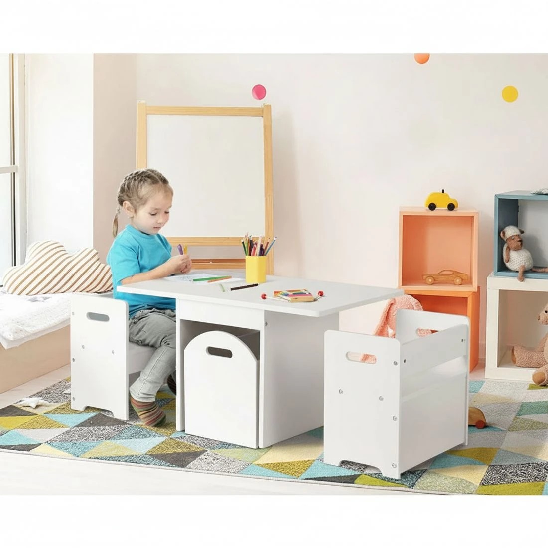 3 Keezi 3PCS Kids Table and Chairs Set Storage Toys Play Activity Desk - White, 3 of 8