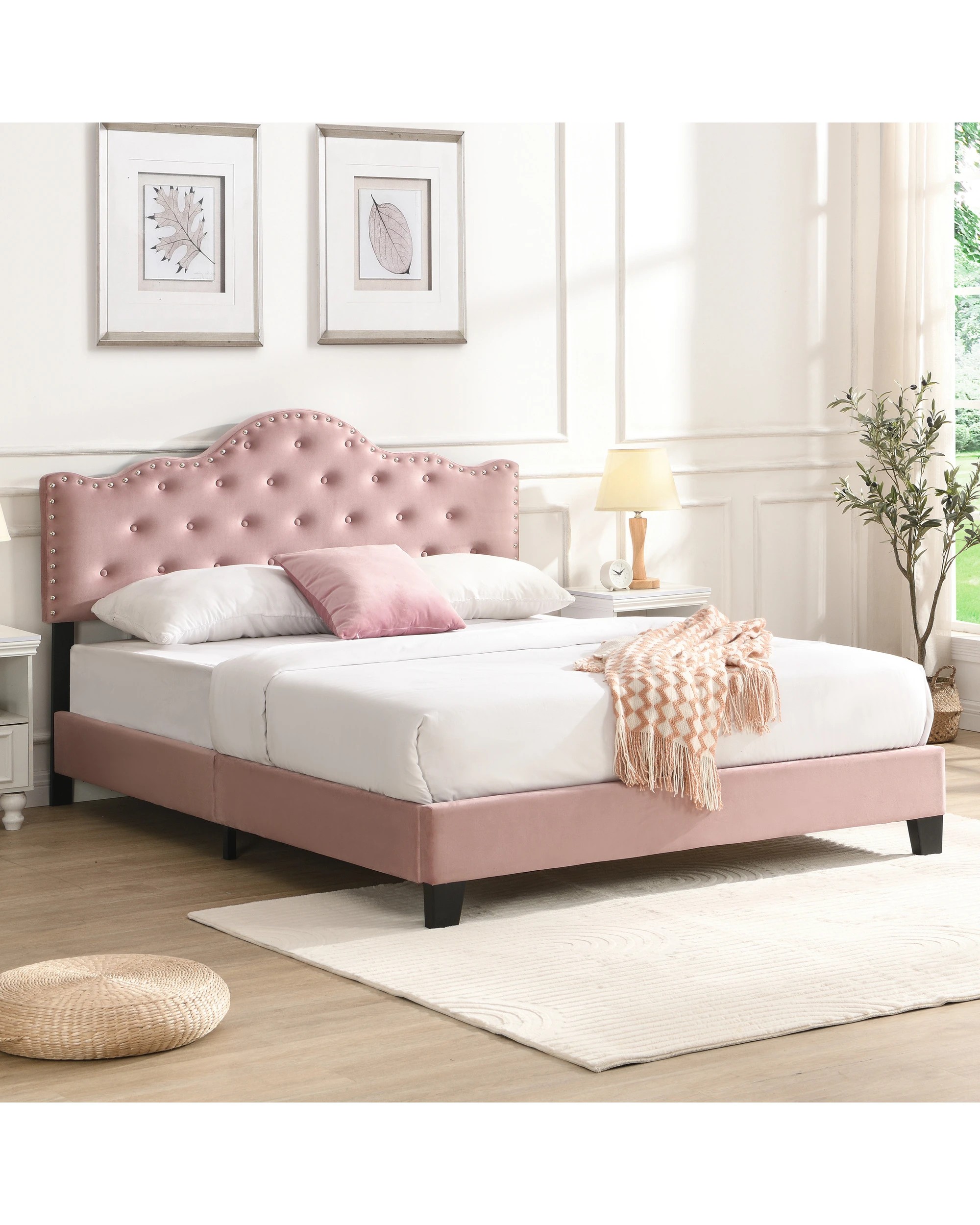 4 IHOMDEC BEF05 Velvet Crown Shape Queen Bed Frame - Pink - Pink, 4 of 10
