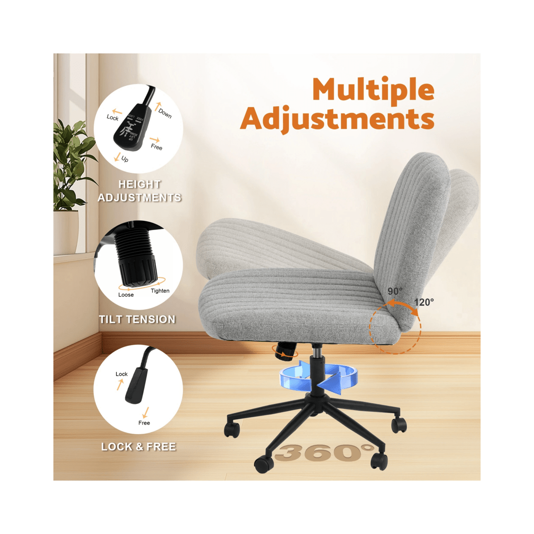 5 Advwin Armless Office Chair Swivel Vanity Chair Grey, 5 of 9