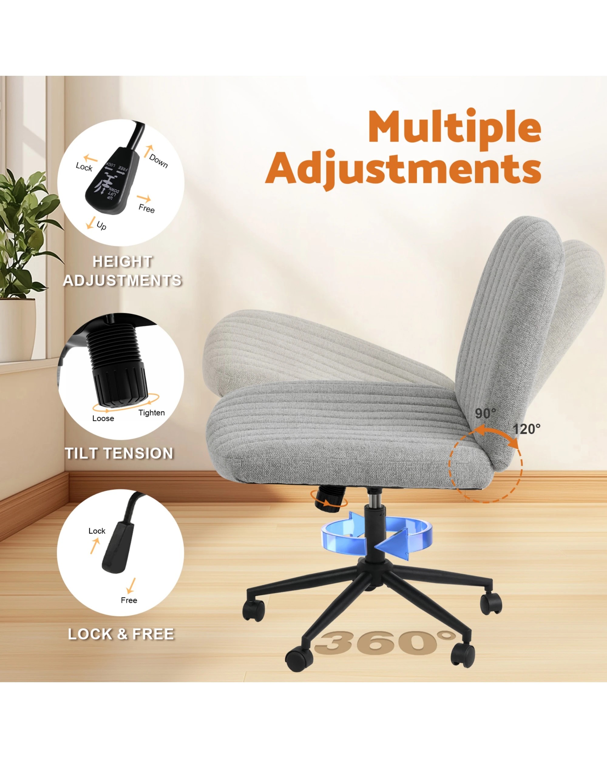 5 Advwin Armless Office Chair Swivel Vanity Chair Grey, 5 of 9