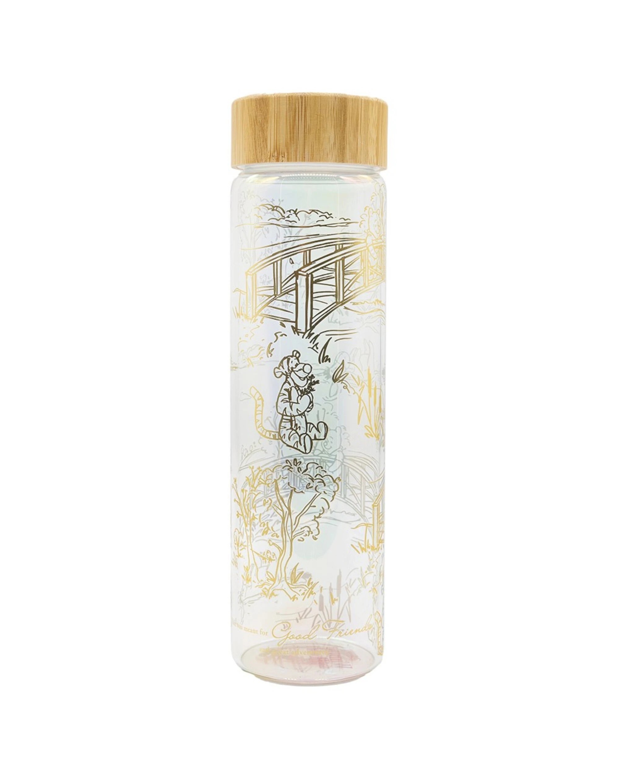 1 Disney - Winnie The Pooh Good Friends Gold Foil Glass Drink Bottle - Clear,Gold,Wooden, 1 of 3