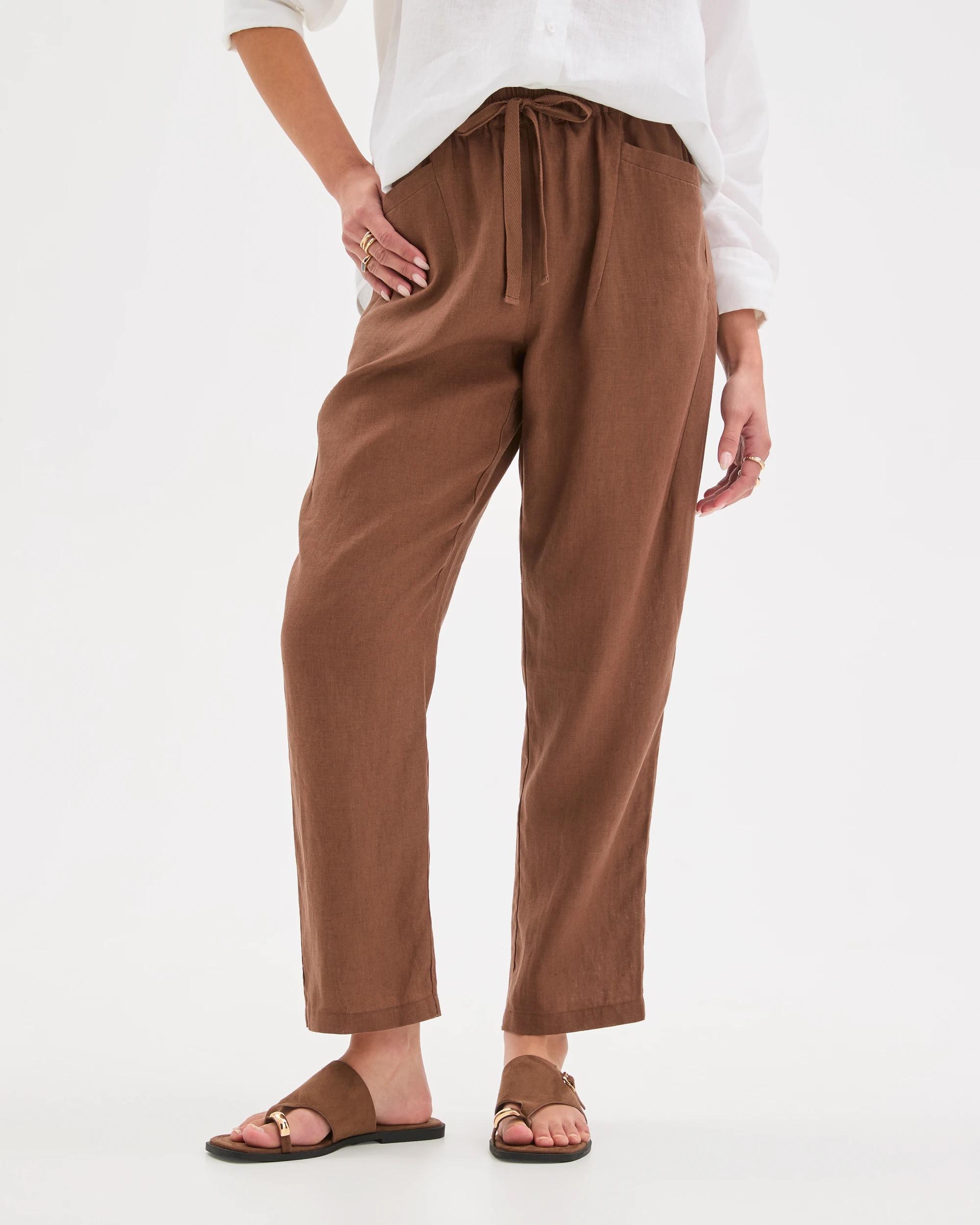 3 Target Petites European Linen Tapered Jogger Pants WARM BROWN, 3 of 6