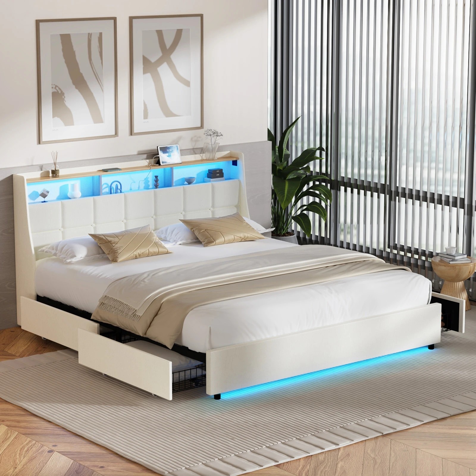 3 Oikiture King Size Bed Frame Headboard RGB Lights with Drawer USB Charge - Beige, 3 of 6