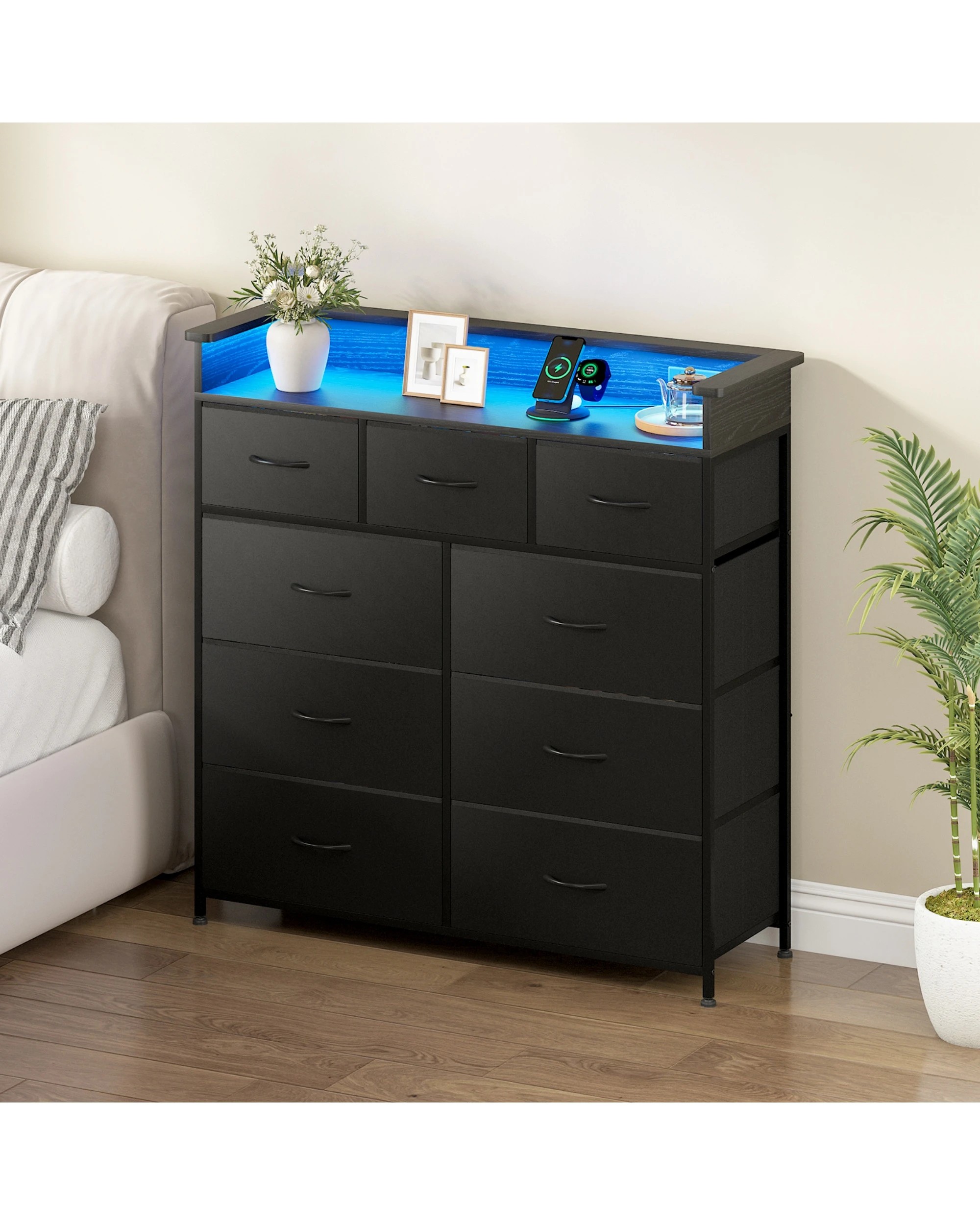 2 Advwin 9 Drawers Dresser with Open Shelf Storage Charging Station & LED Lights - Black, 2 of 8