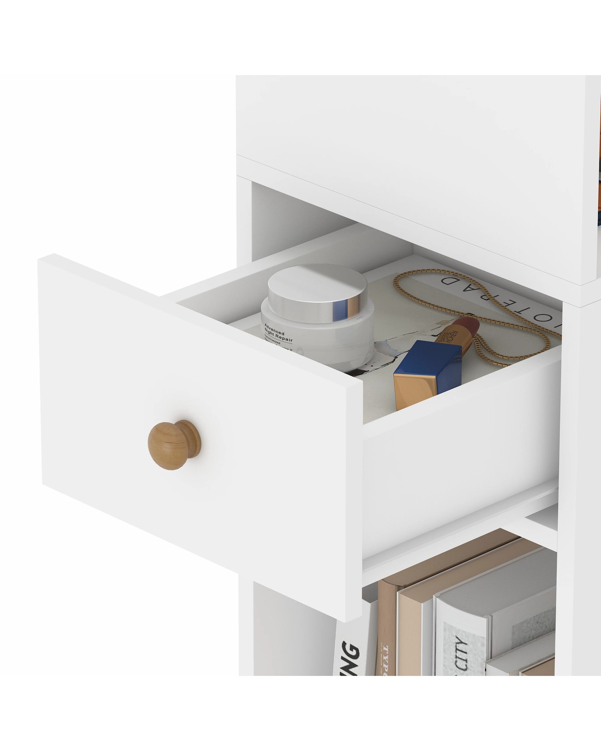 7 Ufurniture 2PCS Wooden Side Table w/ Cable Port Narrow End Table Drawer & Shelf - White, 7 of 7