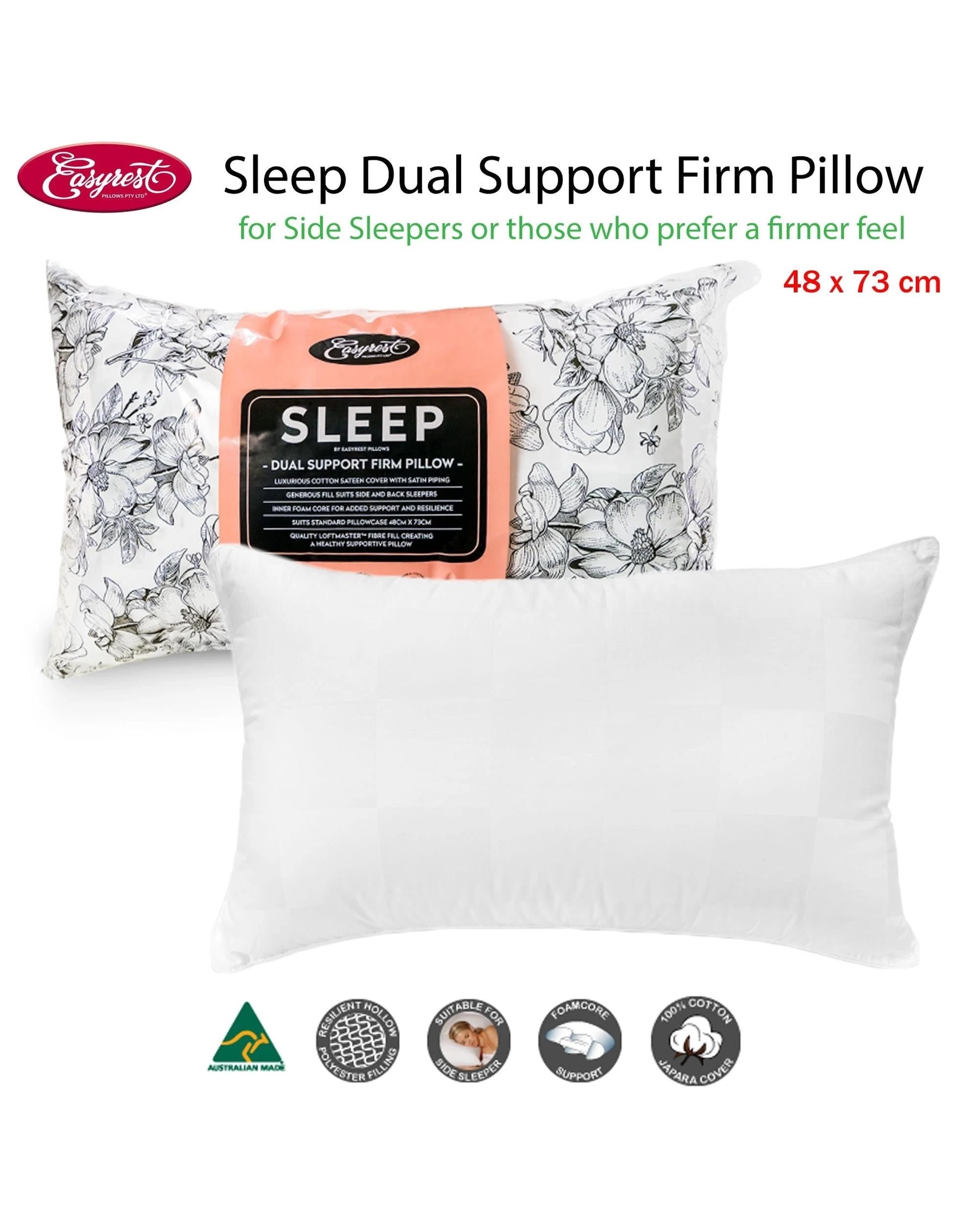 2 Easyrest Sleep Dual Support Firm Pillow 48 x 73 cm - Foam Core, Cotton Sateen Cover, Australian Made
 - white, 2 of 2