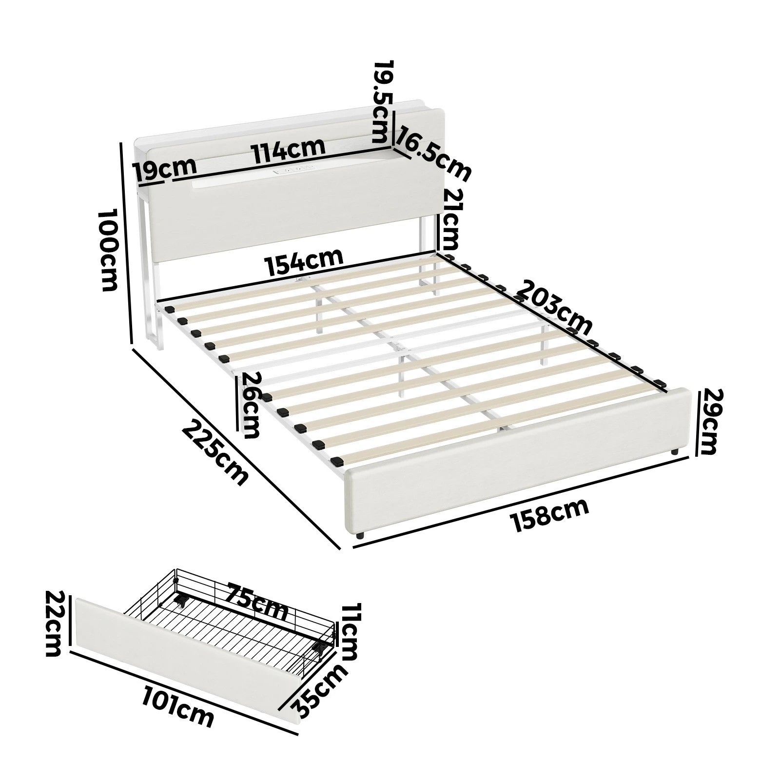 6 Oikiture Bed Frame 4 Drawers Queen Size with LED Charging Storage Bedhead - White, 6 of 7