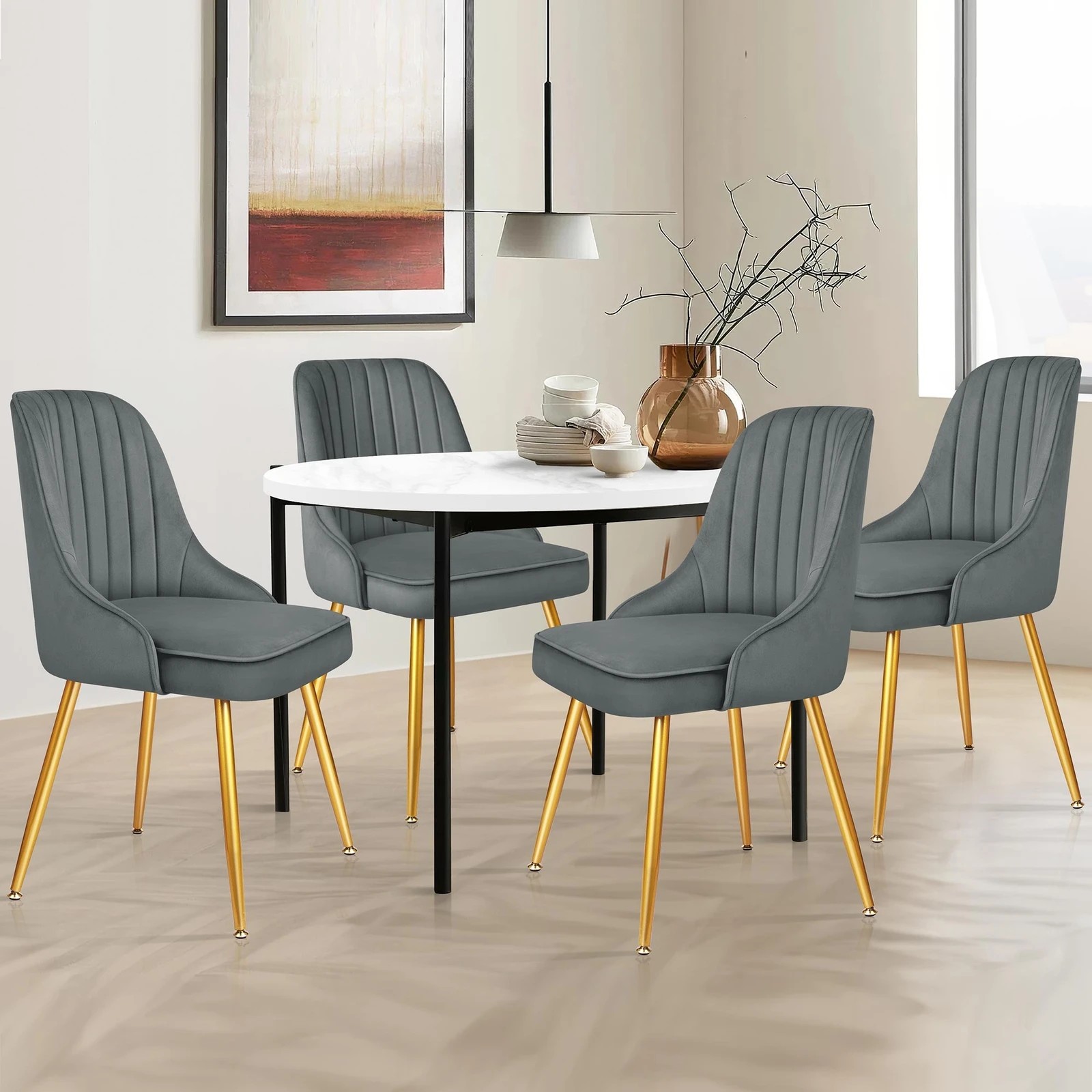 3 Alfordson 4x Dining Chairs Kitchen Accent Lounge Padded Tufted Seat Velvet - Grey, 3 of 8