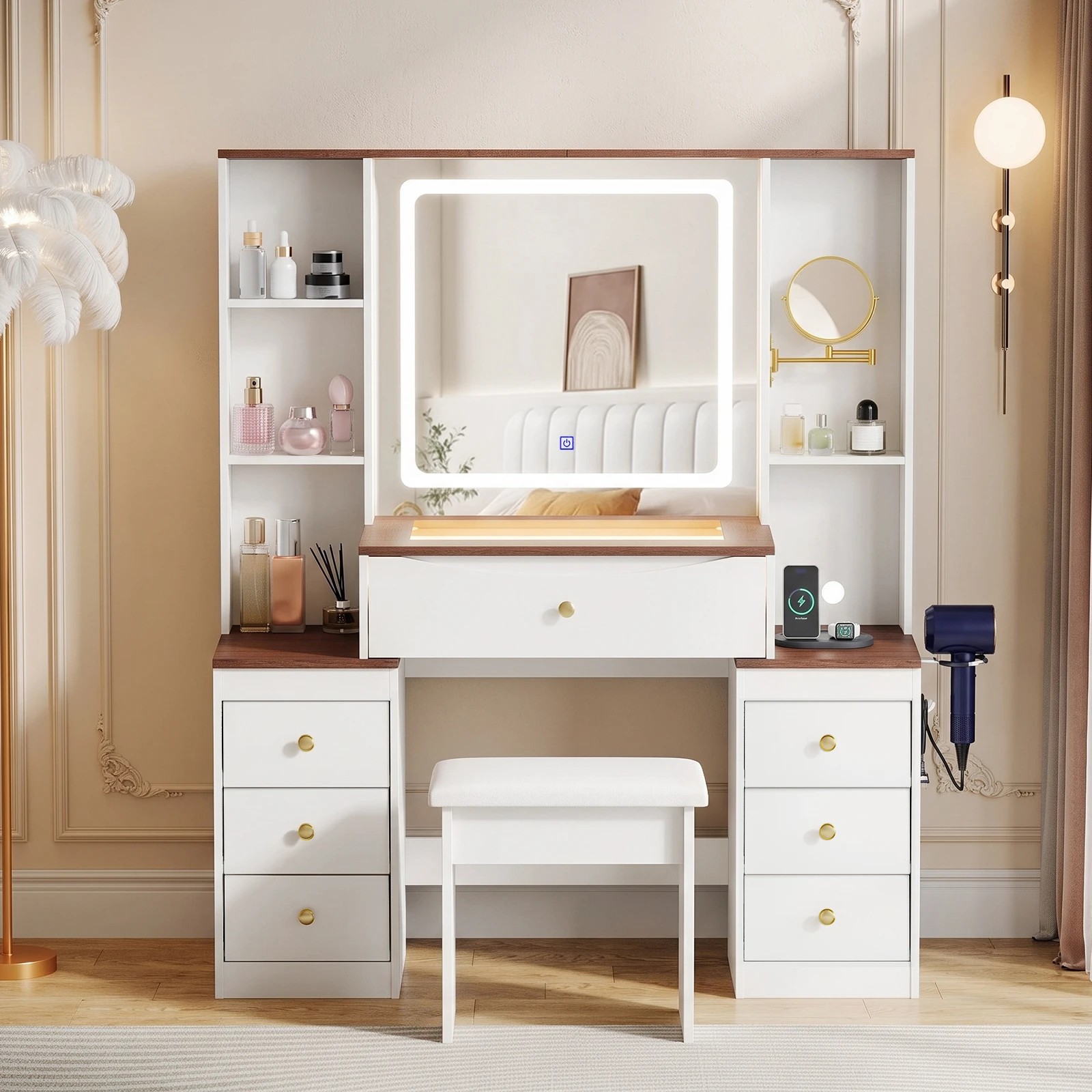 9 Advwin LED Vanity Desk with Mirror and Charging Hub - White, 9 of 10