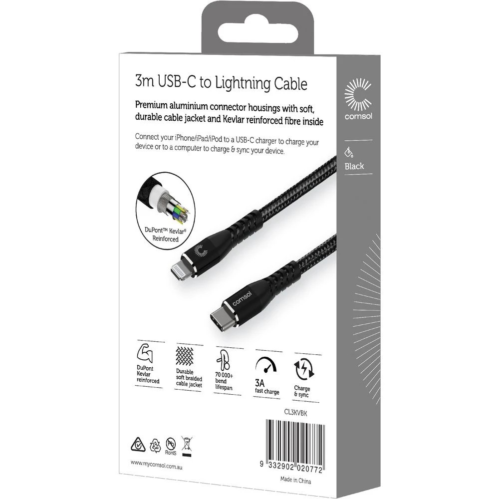 2 Comsol Kevlar USB-C to Lightning MFi Cable 3m Black, 2 of 3
