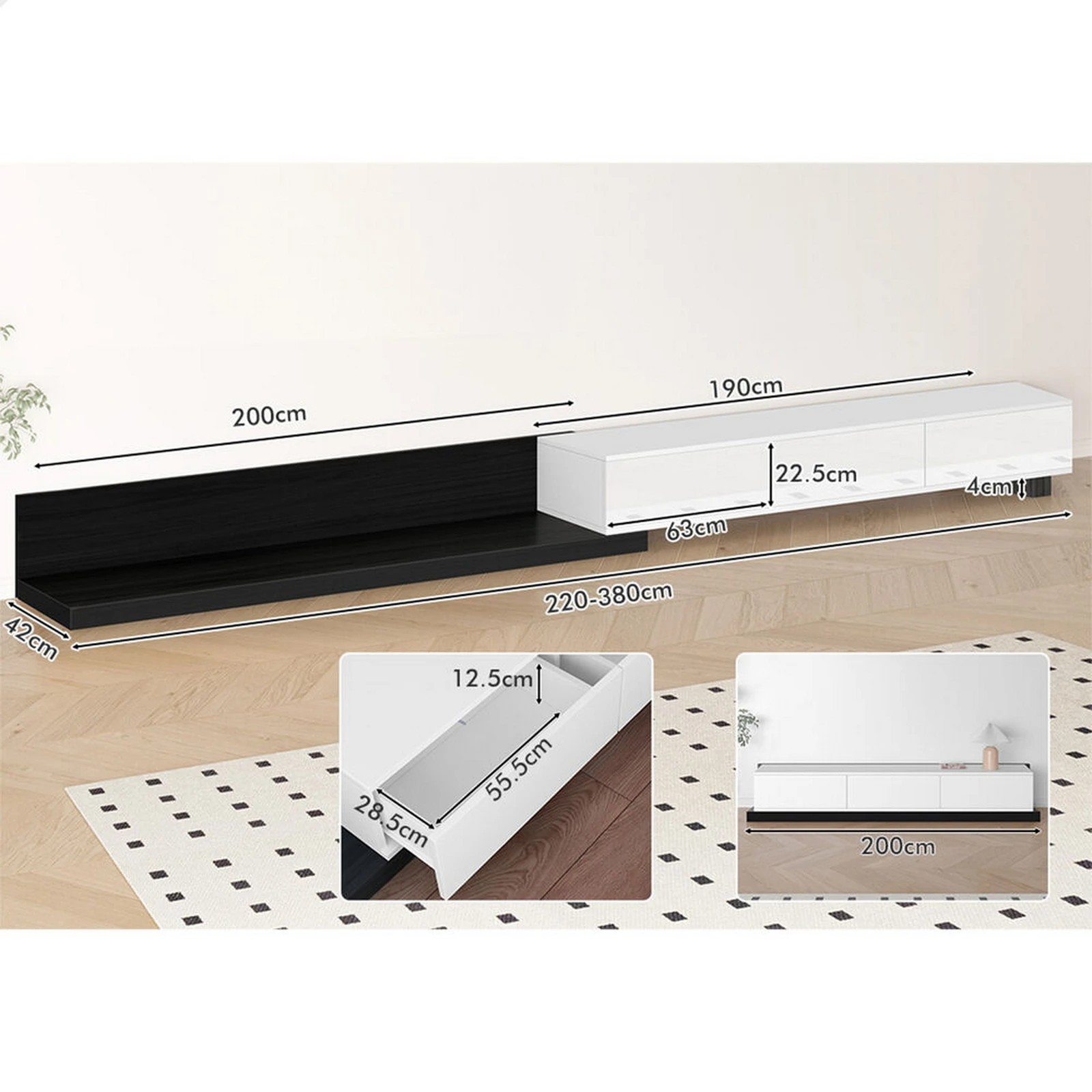 8 Alfordson 200-380cm Extendable Entertainment Unit TV Cabinet Stand Storage Shelf - Black White, 8 of 8