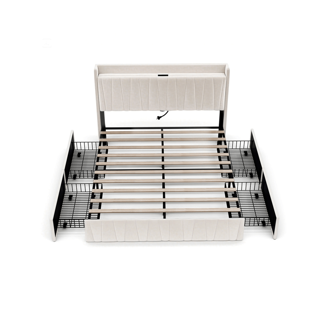 1 Advwin Double Bed Frame With 4 Storage Drawers & Charging Station Biege, 1 of 7