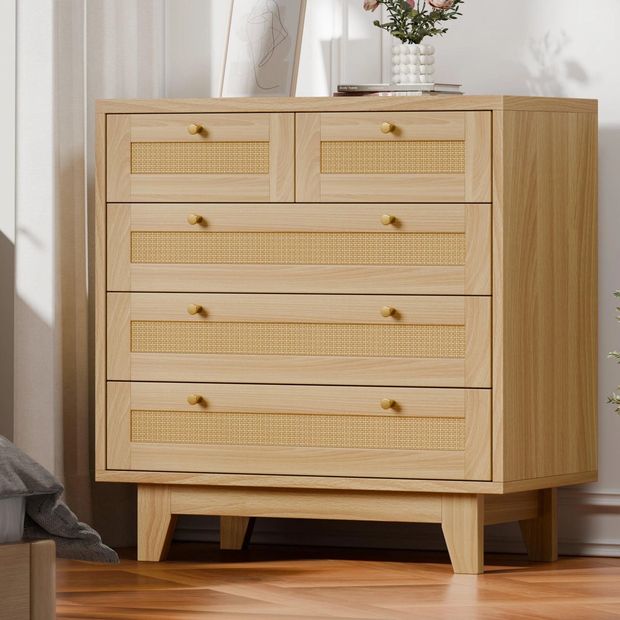 1 Alfordson 5 Chest of Drawers Rattan Storage Cabinet Dresser - Natural, 1 of 10