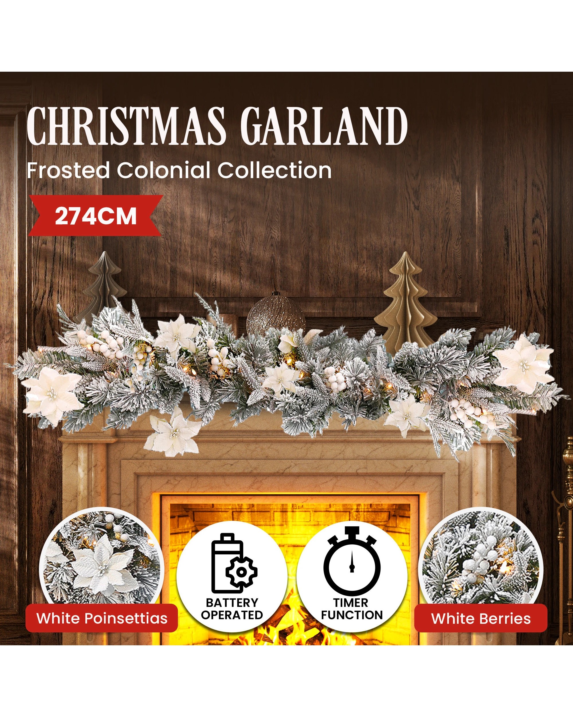 7 Christabelle 2.74m Christmas Garland Snow Frosted Colonial Tree Decoration Ornament White Green, 7 of 7
