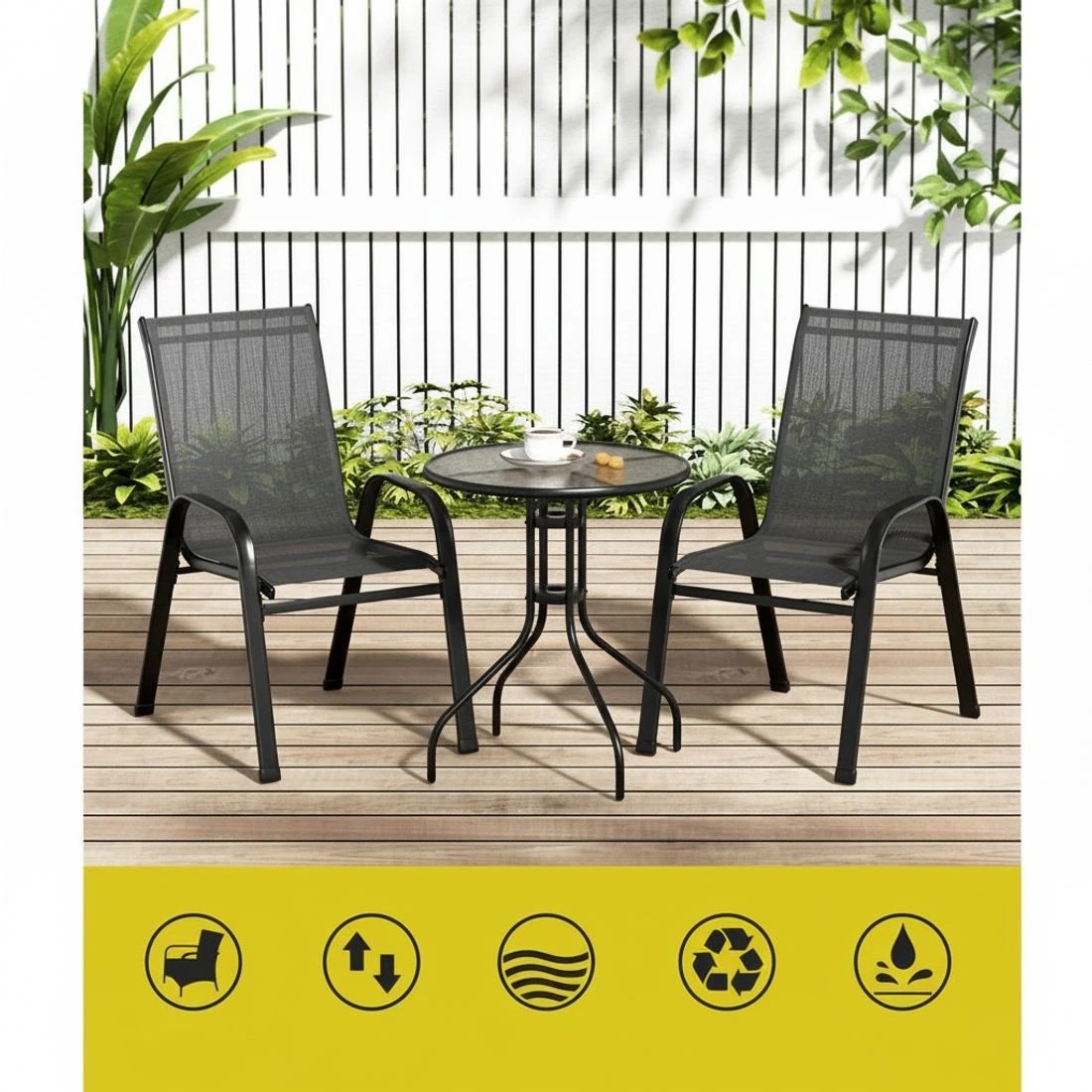 4 Gardeon 3-piece Outdoor Bistro Set Table And Chairs Stackable Patio Furniture Weather Resistant Easy Assembly - Black, 4 of 5