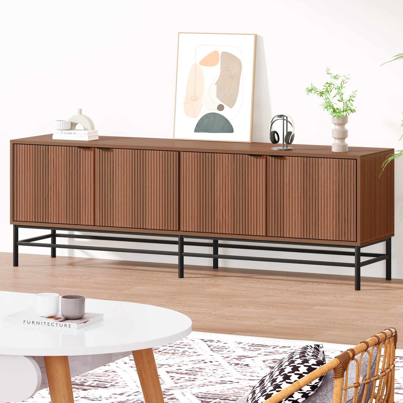 2 Alfordson Entertainment Unit TV Cabinet Stand 180cm Storage 4 Tiers Shelf - Walnut, 2 of 4