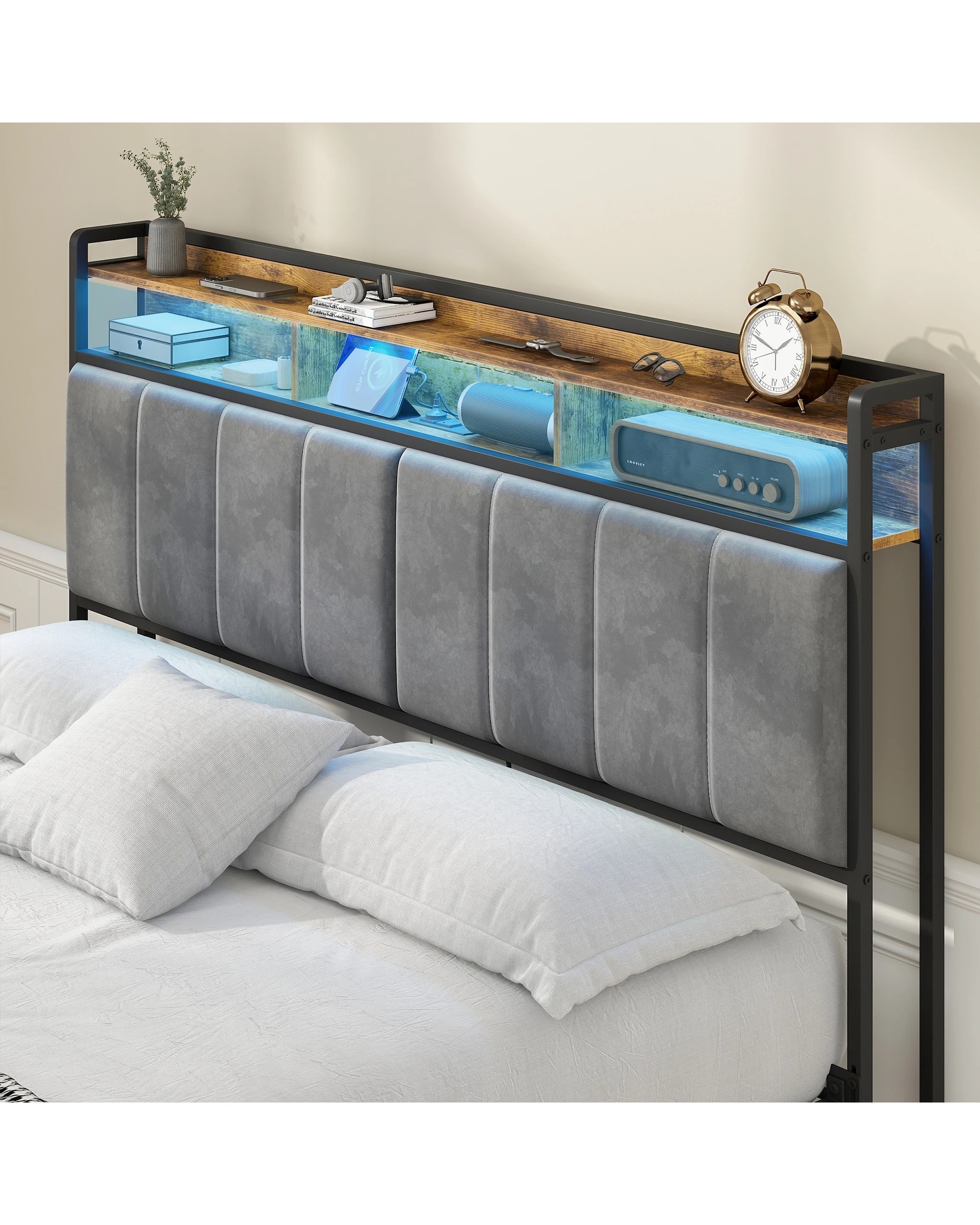 2 Advwin Queen Size Storage Headboard Upholstered with LED Light Charging Station - Grey, 2 of 5