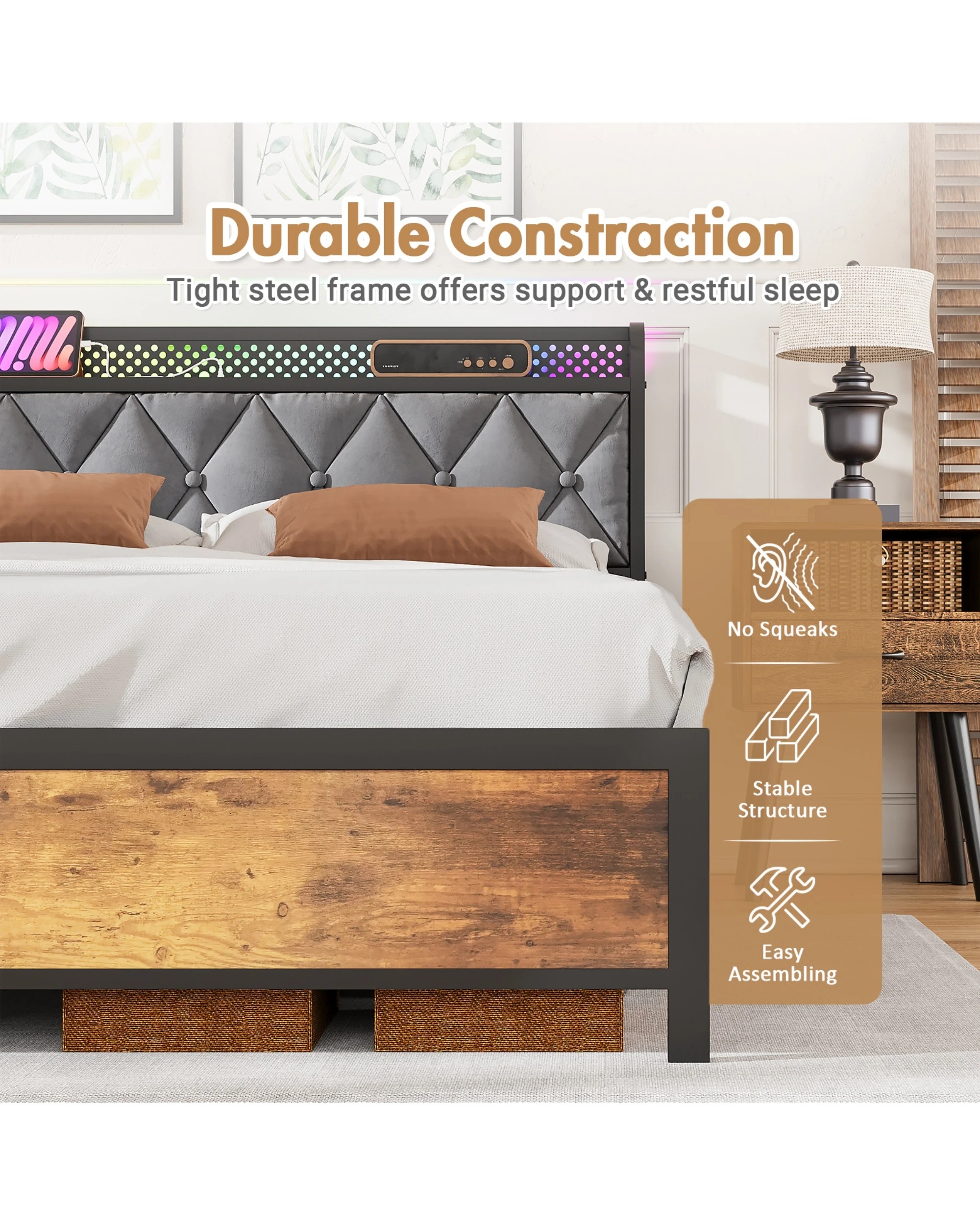 4 Advwin Queen Bed Frame With Charging Station And Rgb Led Lights Storage Headboard Shelf, 4 of 8