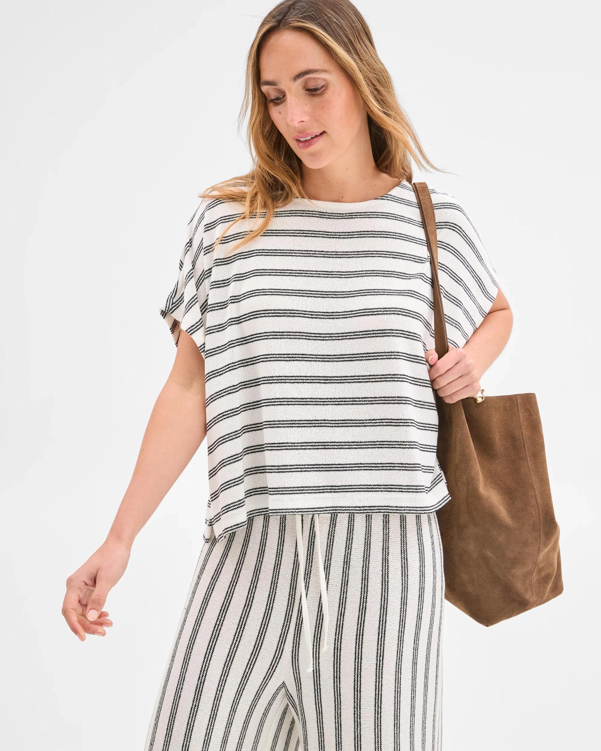 3 Target Woman Short Sleeve Textured Top CREAM/BLACK STRIPE, 3 of 6