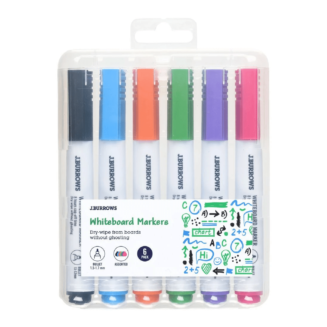 1 J.Burrows Whiteboard Markers Bullet Assorted 6 Pack, 1 of 3