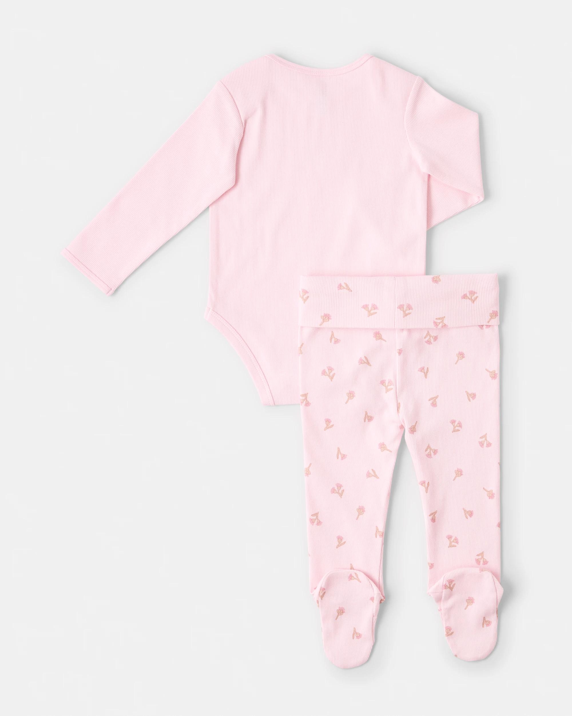 2 2 Piece Cotton Long Sleeve Newborn Set Pink Flrl, 2 of 6