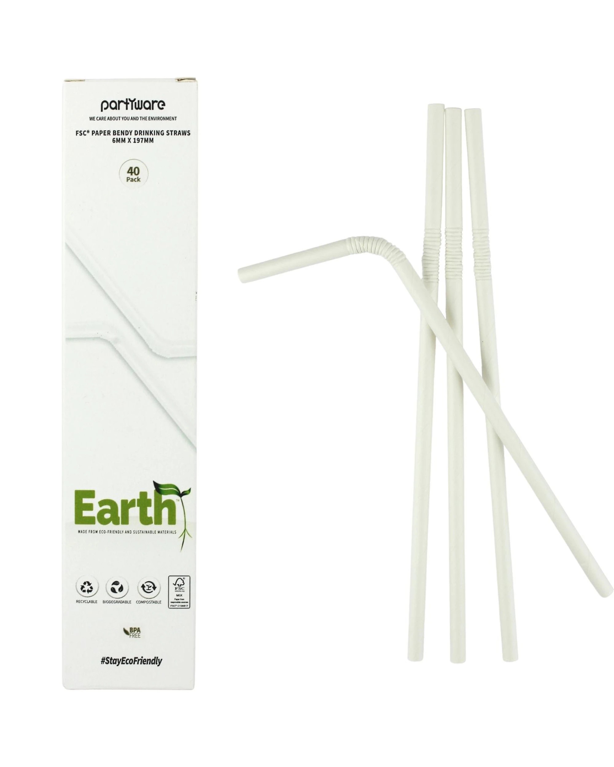 1 Partyware Earth Eco White Paper Bendy Straws Pack of 40 - White, 1 of 1